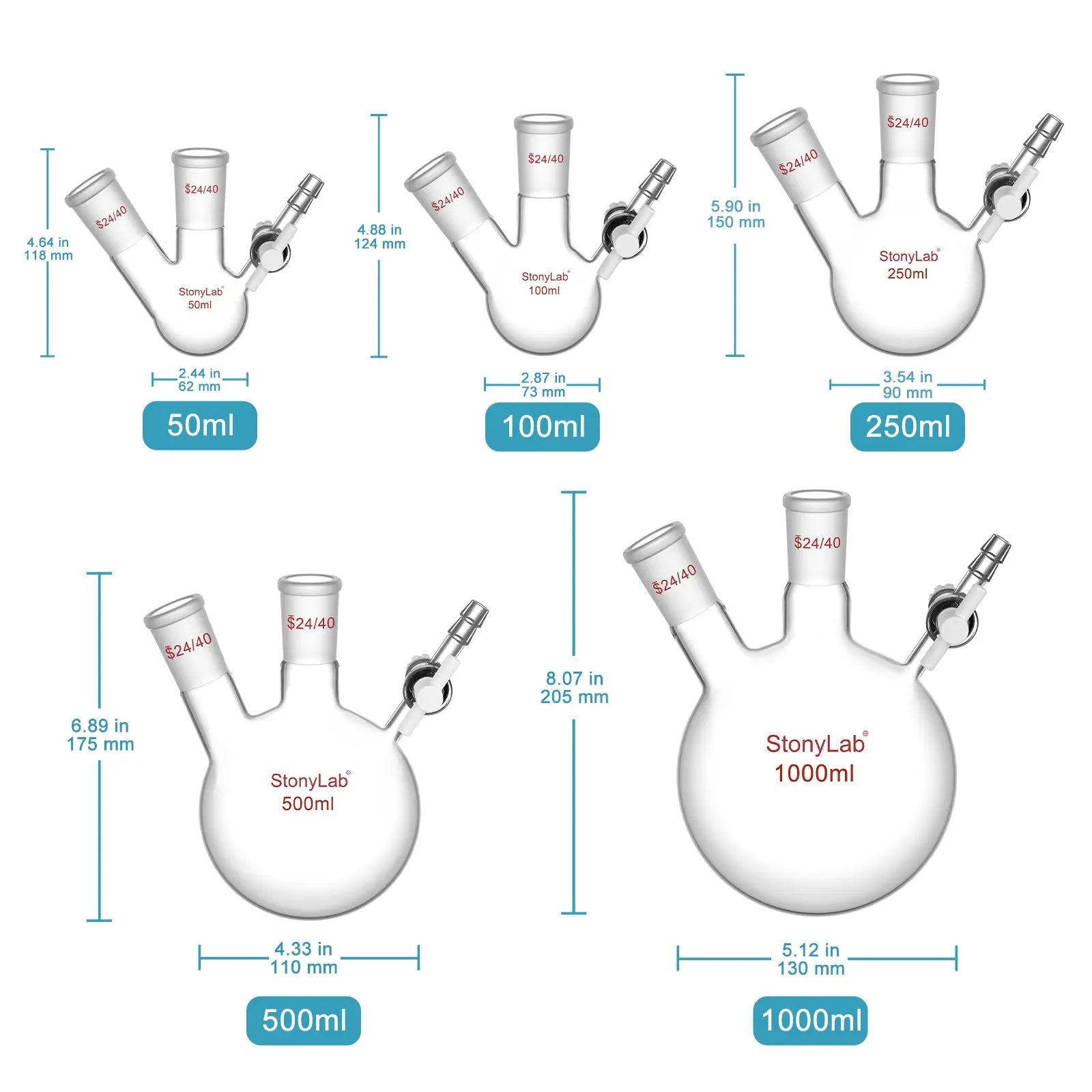 2 Neck Round Bottom Reaction Flask, 24/40 Joint, PTFE Stopcock Valve, 50-1000 ml