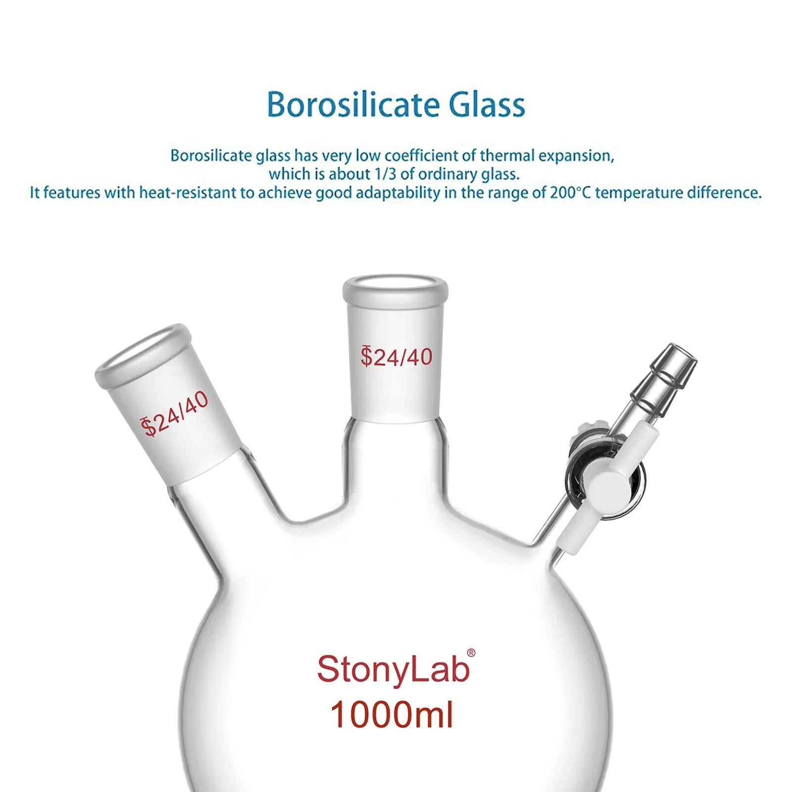 2 Neck Round Bottom Reaction Flask, 24/40 Joint, PTFE Stopcock Valve, 50-1000 ml