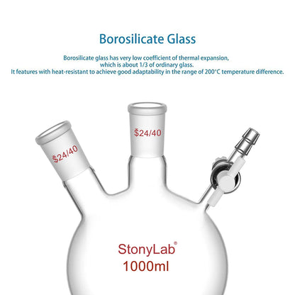 2 Neck Round Bottom Reaction Flask, 24/40 Joint, PTFE Stopcock Valve, 50-1000 ml