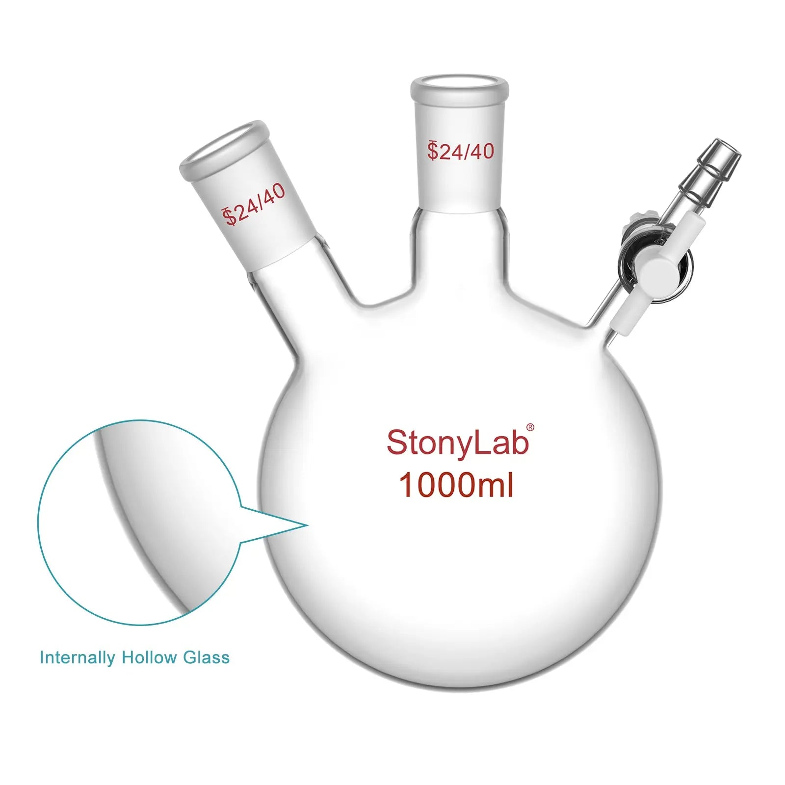 2 Neck Round Bottom Reaction Flask, 24/40 Joint, PTFE Stopcock Valve, 50-1000 ml