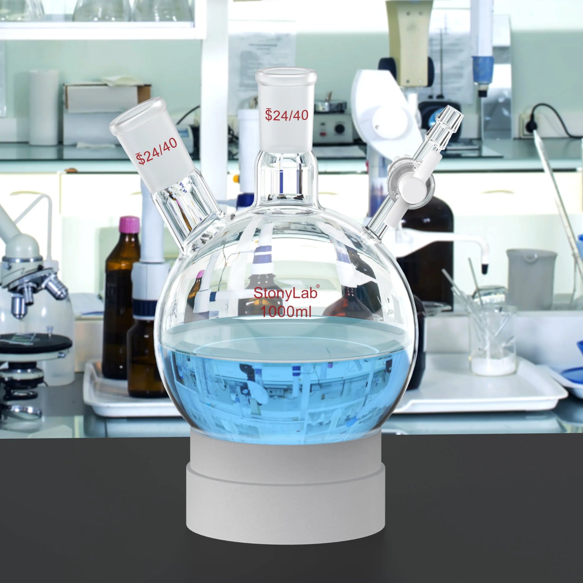 2 Neck Round Bottom Reaction Flask, 24/40 Joint, PTFE Stopcock Valve, 50-1000 ml