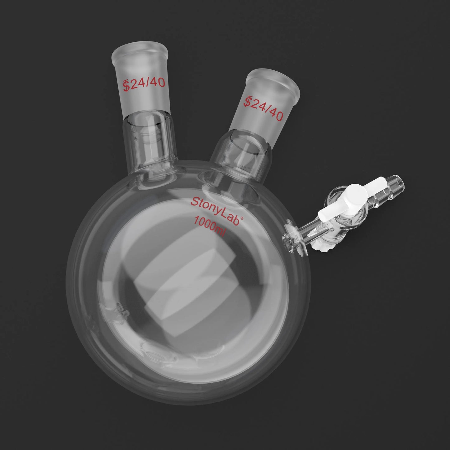 2 Neck Round Bottom Reaction Flask, 24/40 Joint, PTFE Stopcock Valve, 50-1000 ml