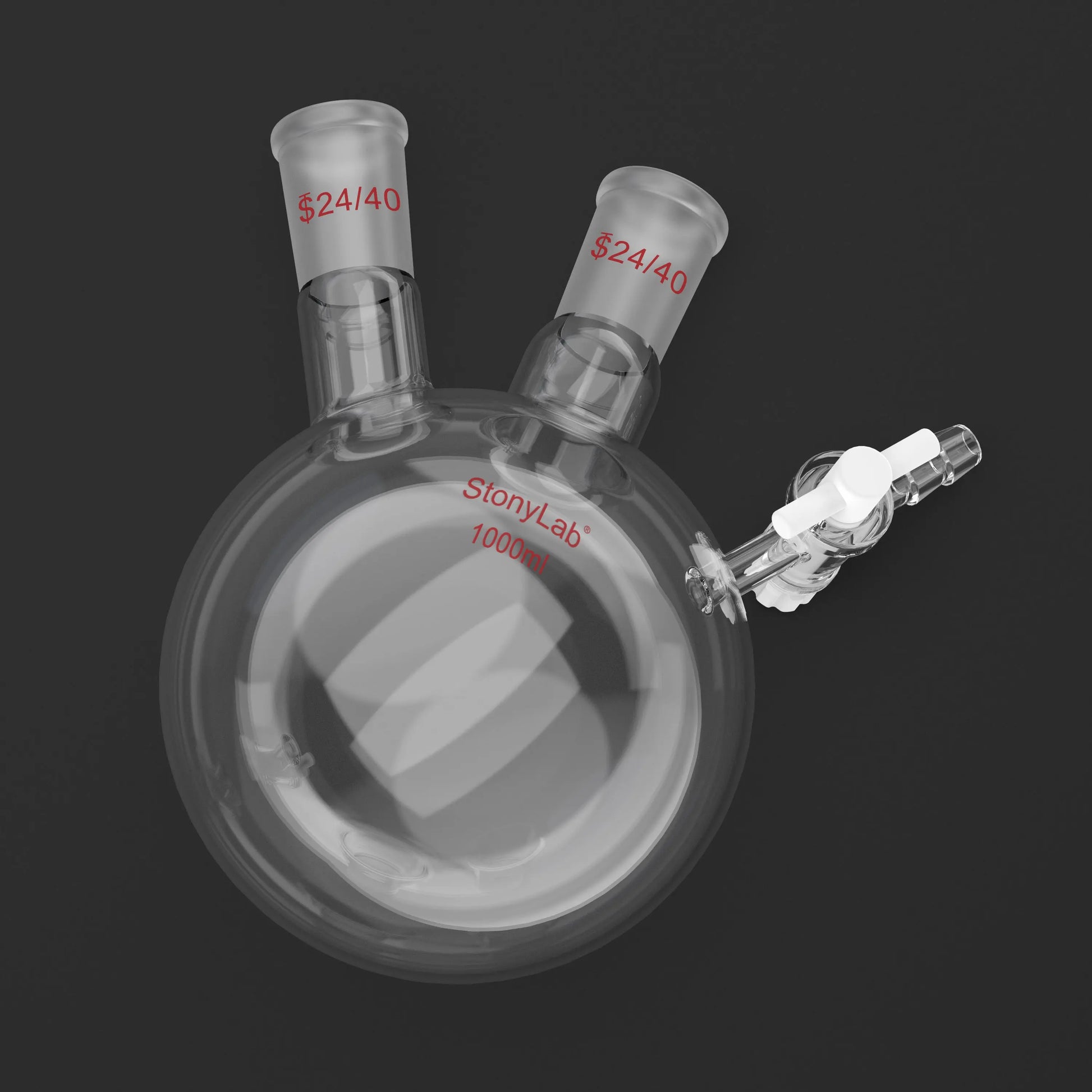 2 Neck Round Bottom Reaction Flask, 24/40 Joint, PTFE Stopcock Valve, 50-1000 ml
