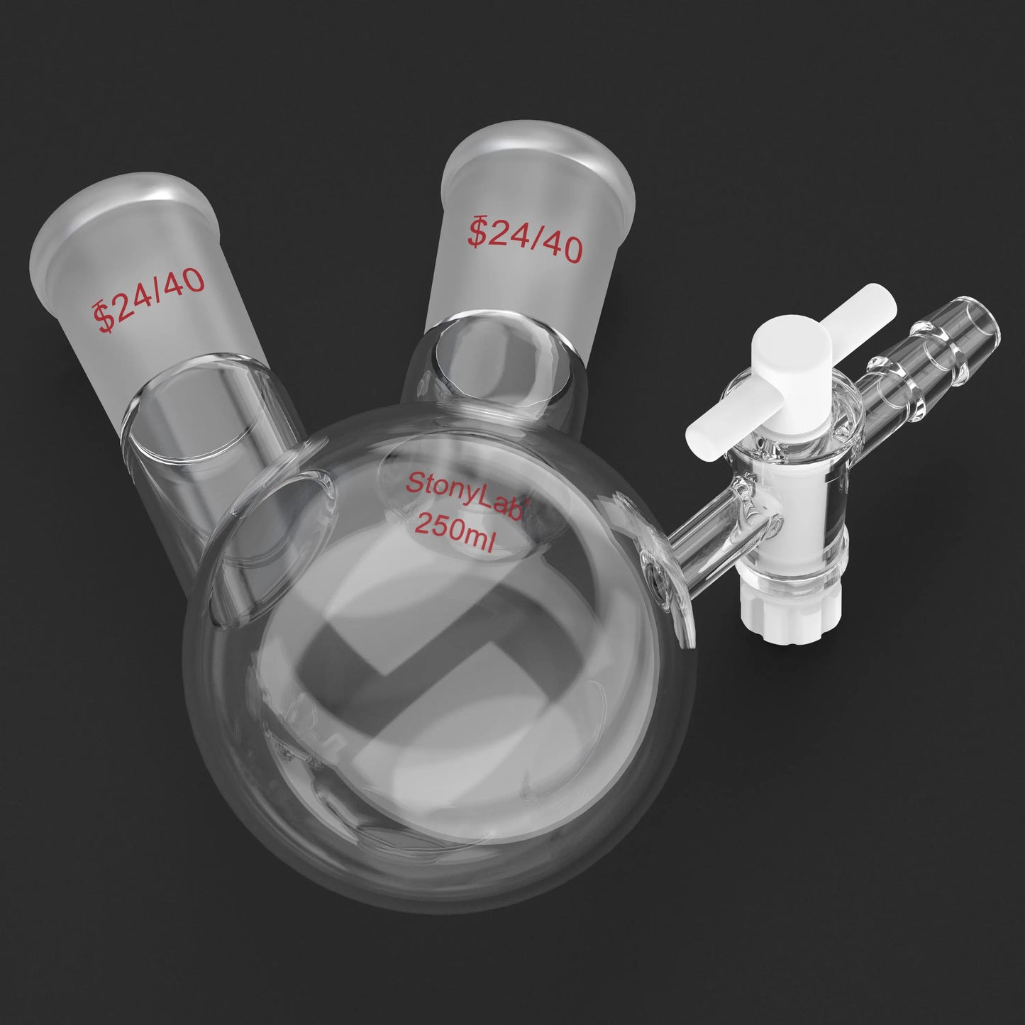 2 Neck Round Bottom Reaction Flask, 24/40 Joint, PTFE Stopcock Valve, 50-1000 ml