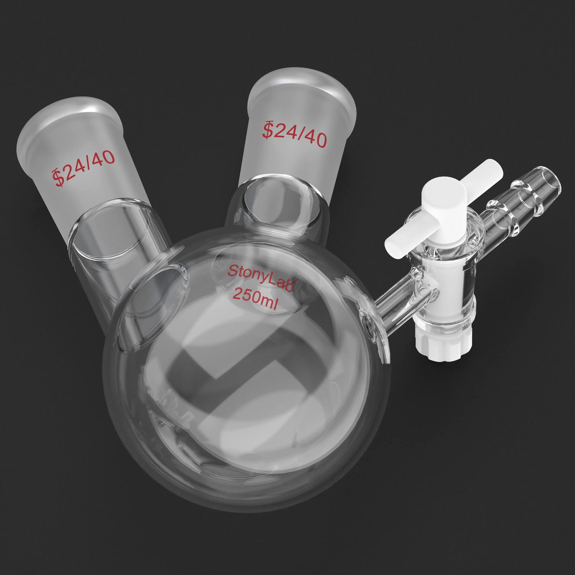 2 Neck Round Bottom Reaction Flask, 24/40 Joint, PTFE Stopcock Valve, 50-1000 ml
