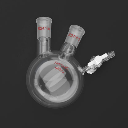 2 Neck Round Bottom Reaction Flask, 24/40 Joint, PTFE Stopcock Valve, 50-1000 ml