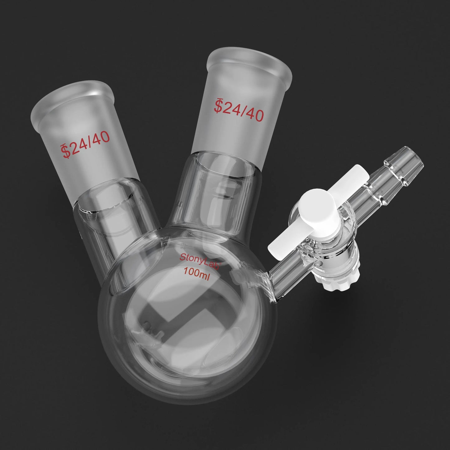 2 Neck Round Bottom Reaction Flask, 24/40 Joint, PTFE Stopcock Valve, 50-1000 ml