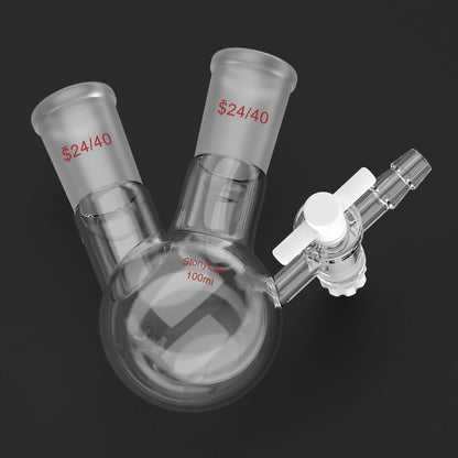 2 Neck Round Bottom Reaction Flask, 24/40 Joint, PTFE Stopcock Valve, 50-1000 ml