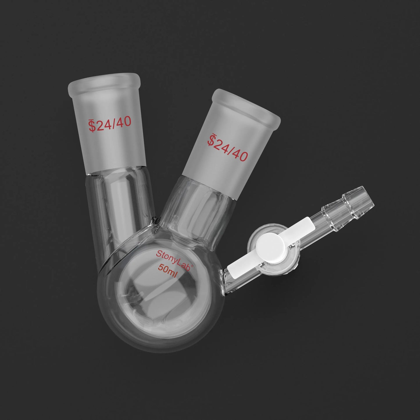 2 Neck Round Bottom Reaction Flask, 24/40 Joint, PTFE Stopcock Valve, 50-1000 ml