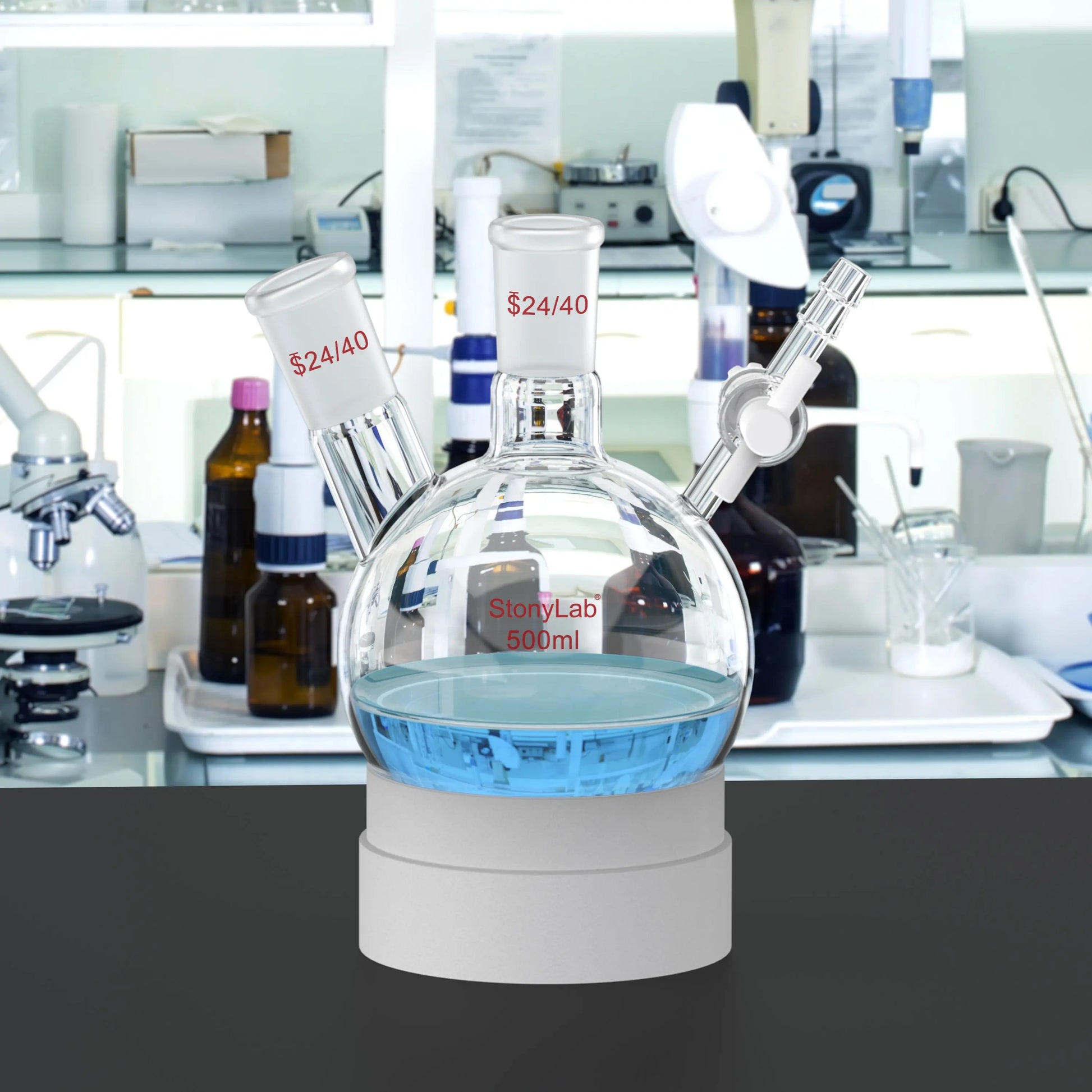 2 Neck Round Bottom Reaction Flask, 24/40 Joint, PTFE Stopcock Valve, 50-1000 ml