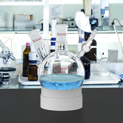 2 Neck Round Bottom Reaction Flask, 24/40 Joint, PTFE Stopcock Valve, 50-1000 ml