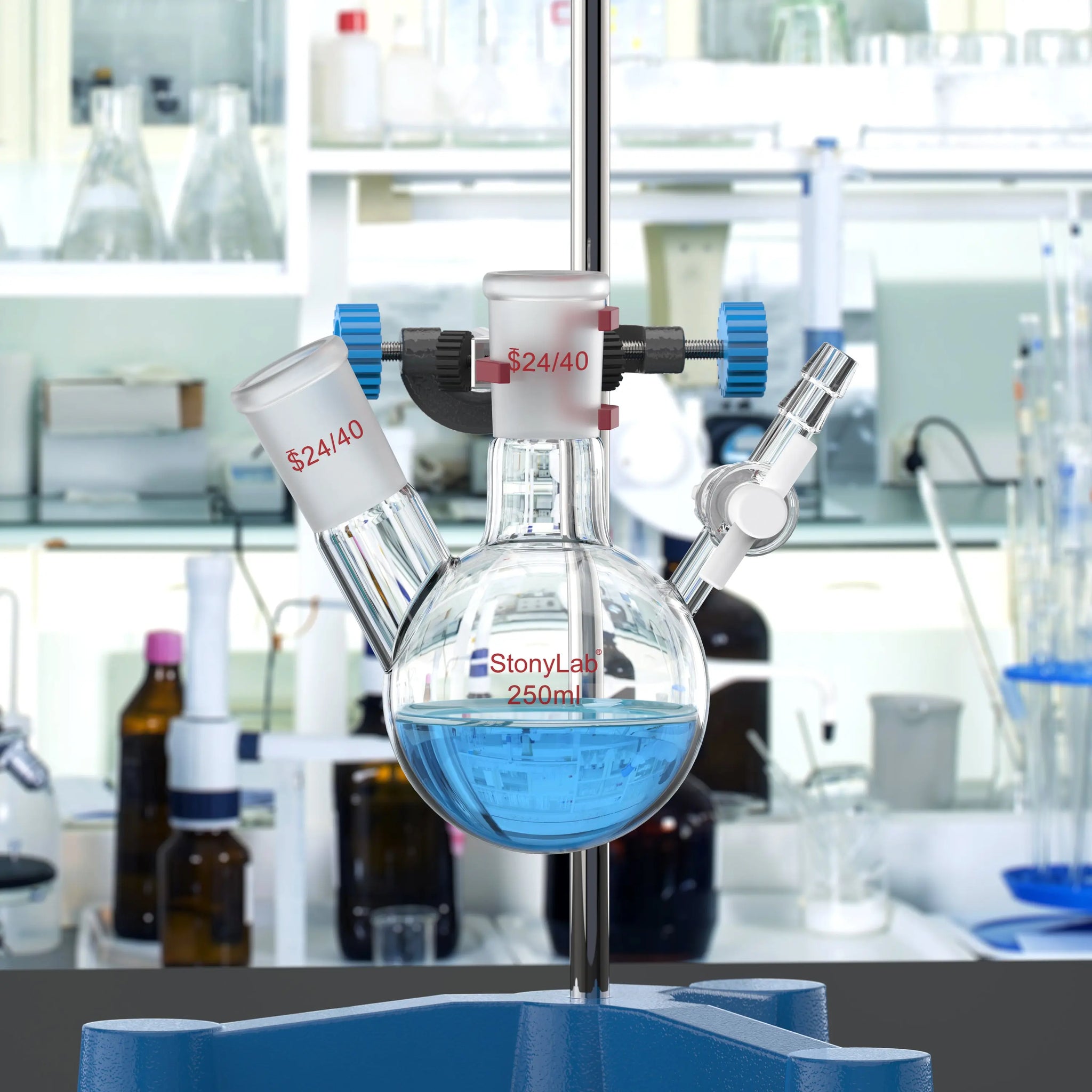 Comprehensive product view and setup components for StonyLab 2-Neck Round Bottom Reaction Flask