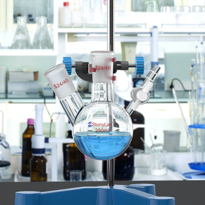 2 Neck Round Bottom Reaction Flask, 24/40 Joint, PTFE Stopcock Valve, 50-1000 ml
