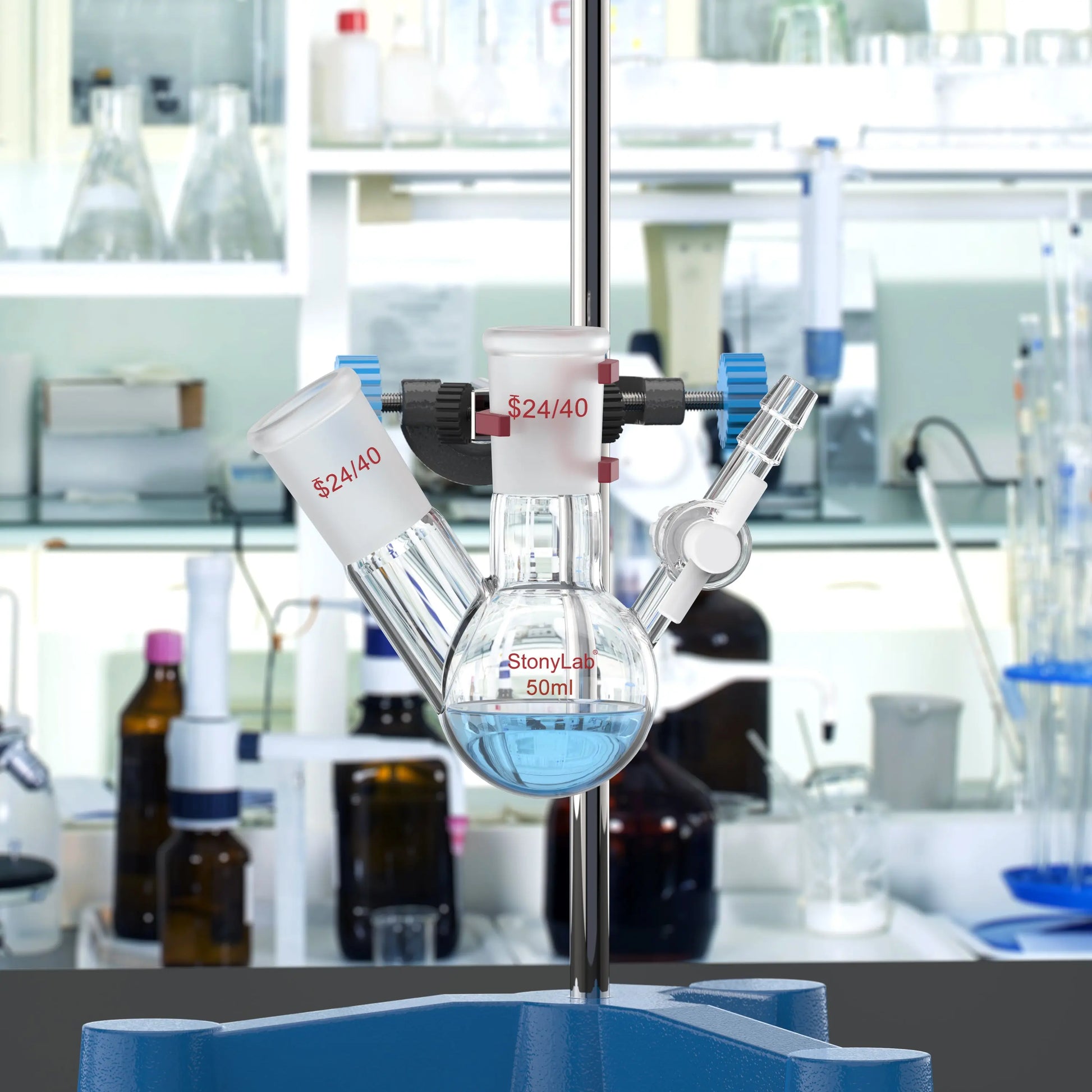 2 Neck Round Bottom Reaction Flask, 24/40 Joint, PTFE Stopcock Valve, 50-1000 ml