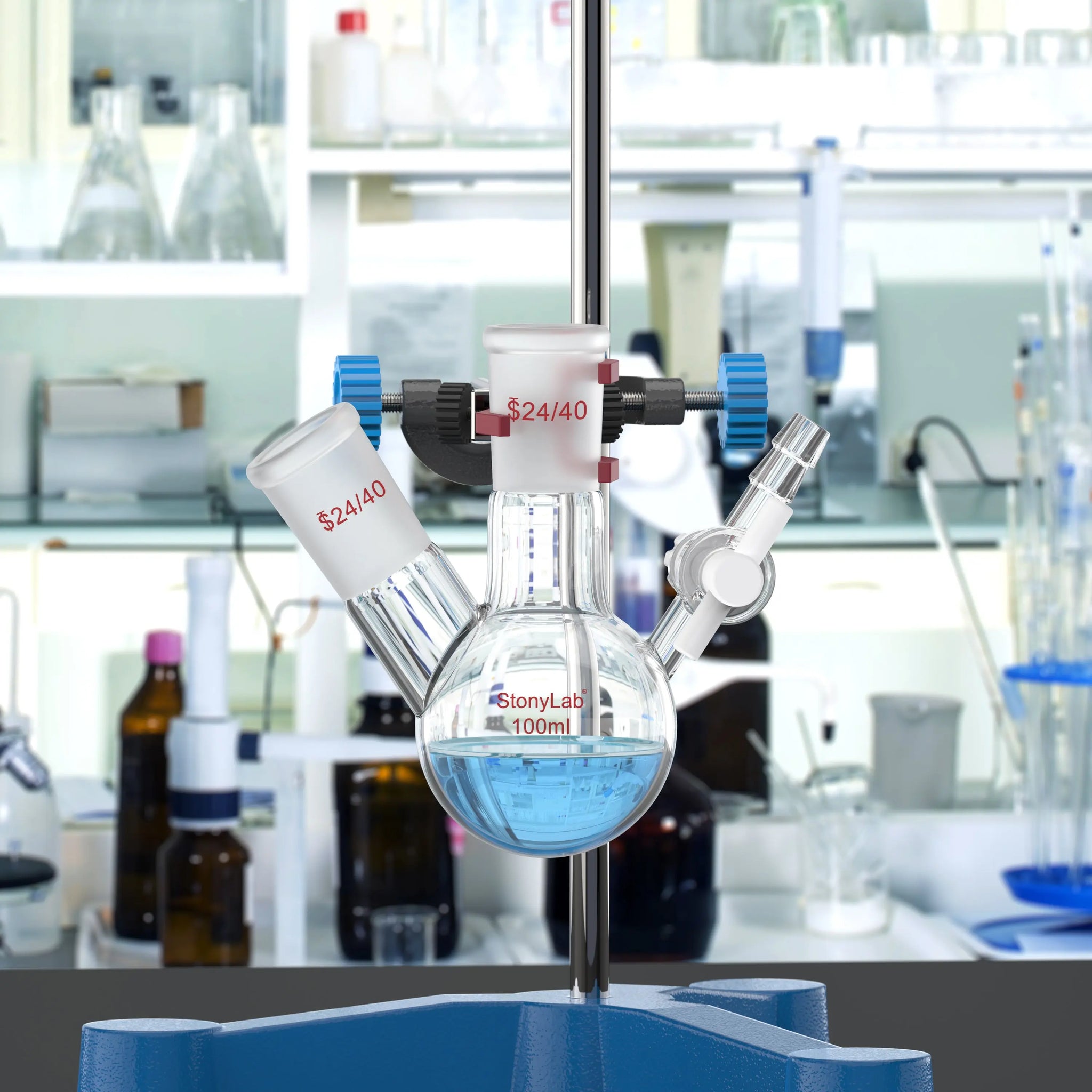 Comprehensive product view and setup components for StonyLab 2-Neck Round Bottom Reaction Flask