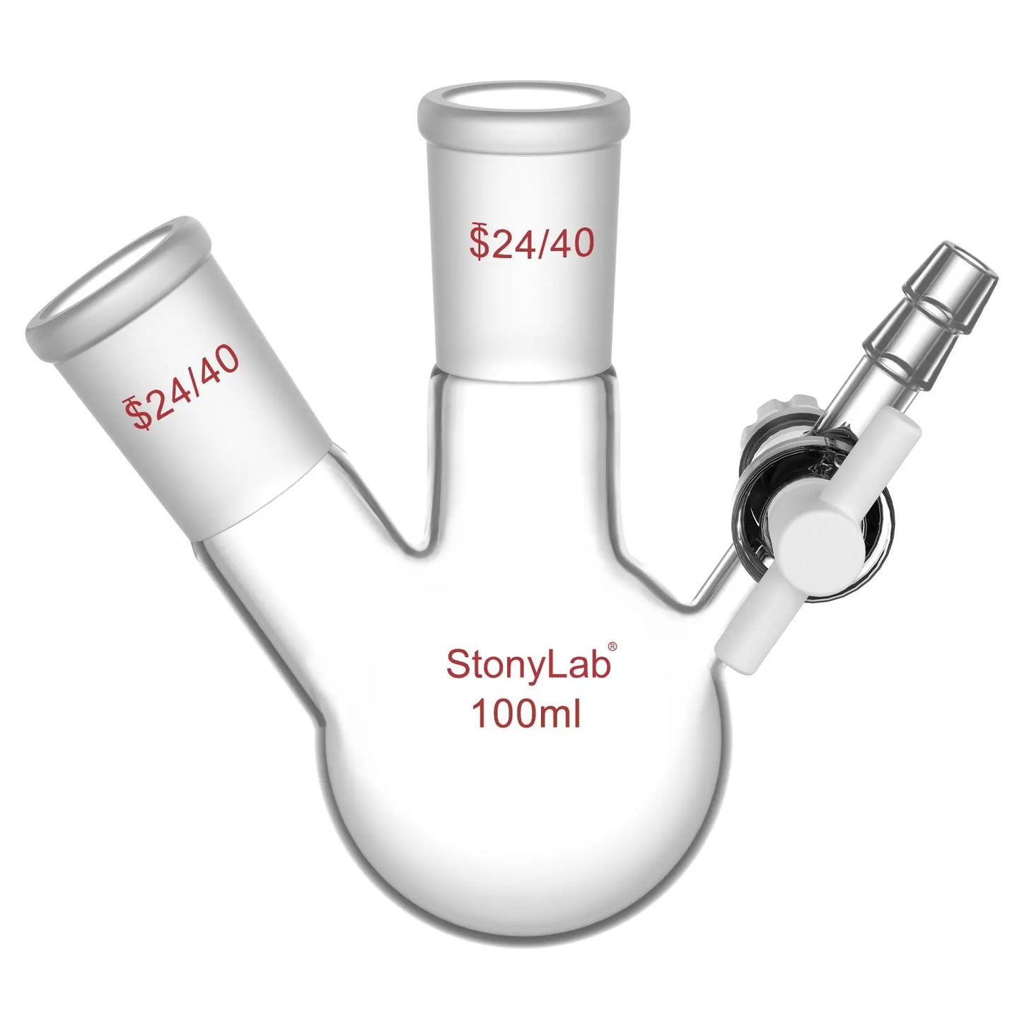 2 Neck Round Bottom Reaction Flask, 24/40 Joint, PTFE Stopcock Valve, 50-1000 ml Flasks-Round Bottom-2 Neck