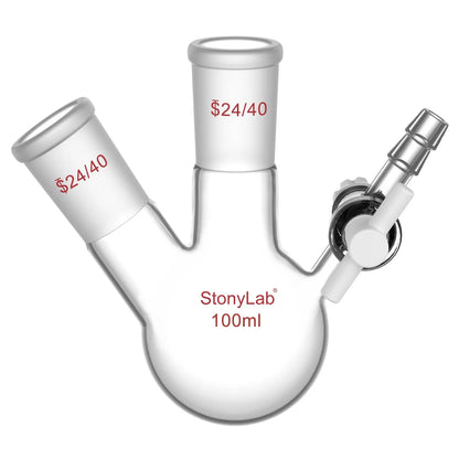 2 Neck Round Bottom Reaction Flask, 24/40 Joint, PTFE Stopcock Valve, 50-1000 ml Flasks-Round Bottom-2 Neck
