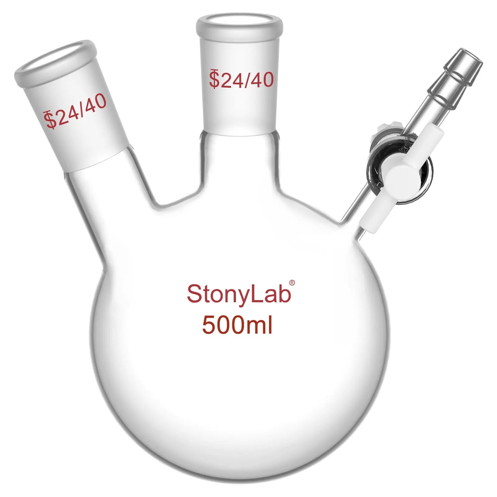 2 Neck Round Bottom Reaction Flask, 24/40 Joint, PTFE Stopcock Valve, 50-1000 ml Flasks-Round Bottom-2 Neck