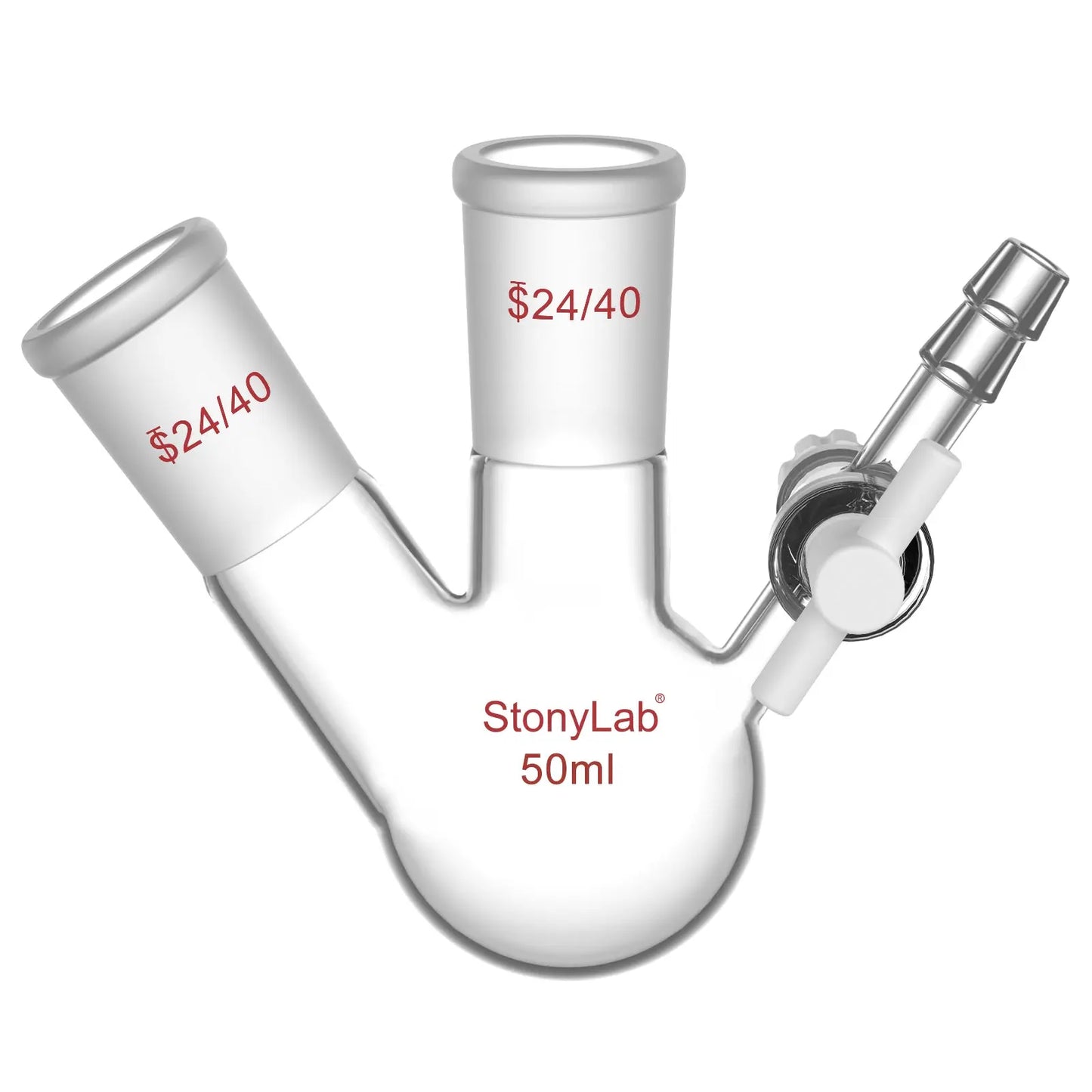 2 Neck Round Bottom Reaction Flask, 24/40 Joint, PTFE Stopcock Valve, 50-1000 ml Flasks-Round Bottom-2 Neck