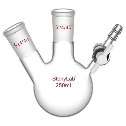 2 Neck Round Bottom Reaction Flask, 24/40 Joint, PTFE Stopcock Valve, 50-1000 ml Flasks-Round Bottom-2 Neck