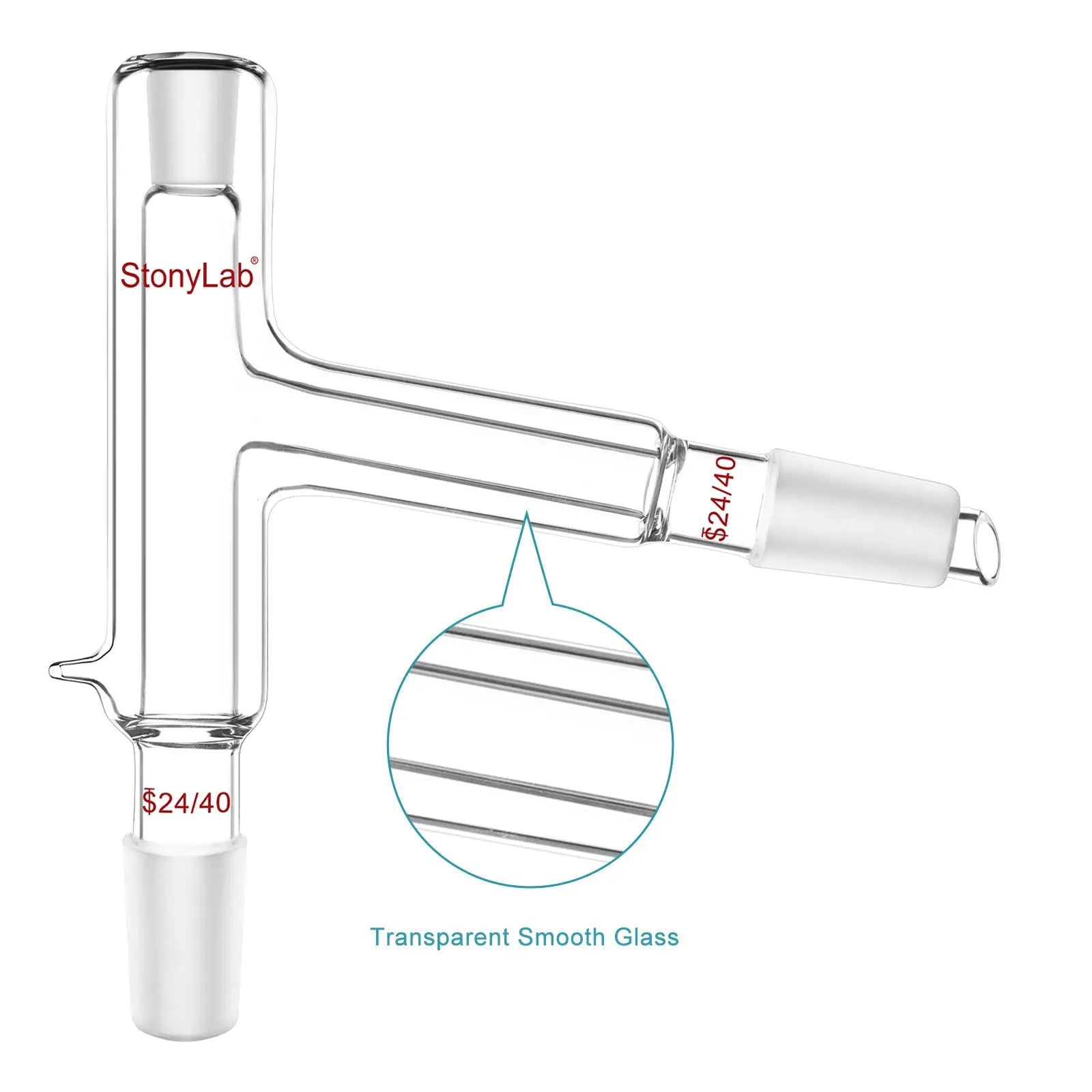 Side view and dimensional layout of the durable StonyLab 75 Degree Distillation Head with Vacuum Jacket