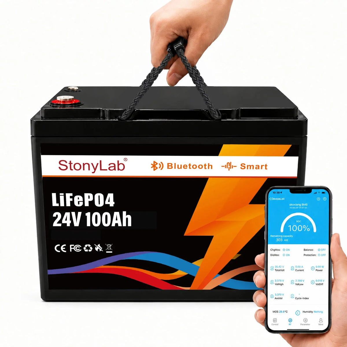 24V Smart lithium iron phosphate battery with Bluetooth monitoring and BMS protection for energy storage and 24V lead-acid battery replacement StonyLab