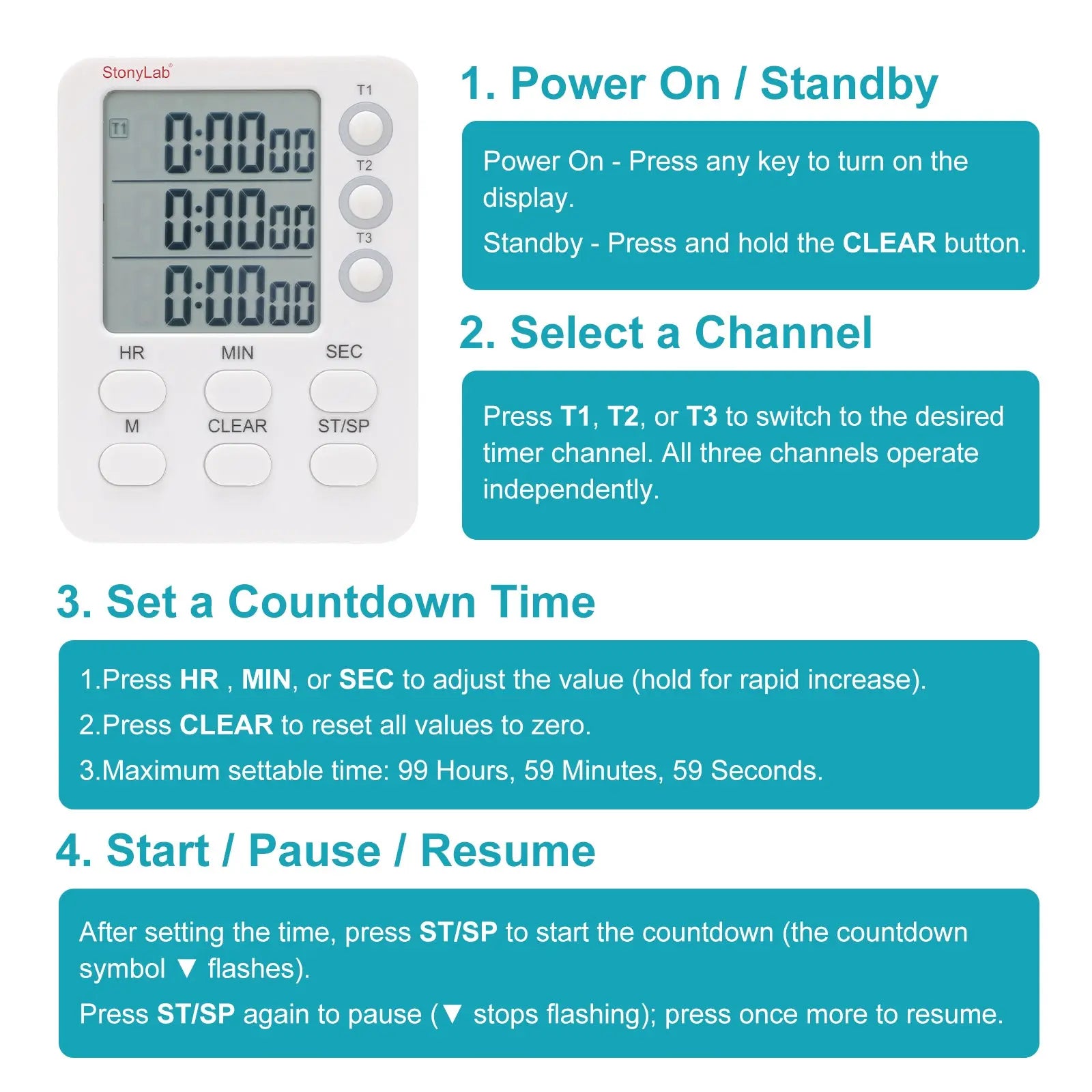 3-channel digital laboratory timer with hour minute second countdown and count up modes for laboratory experiments StonyLab