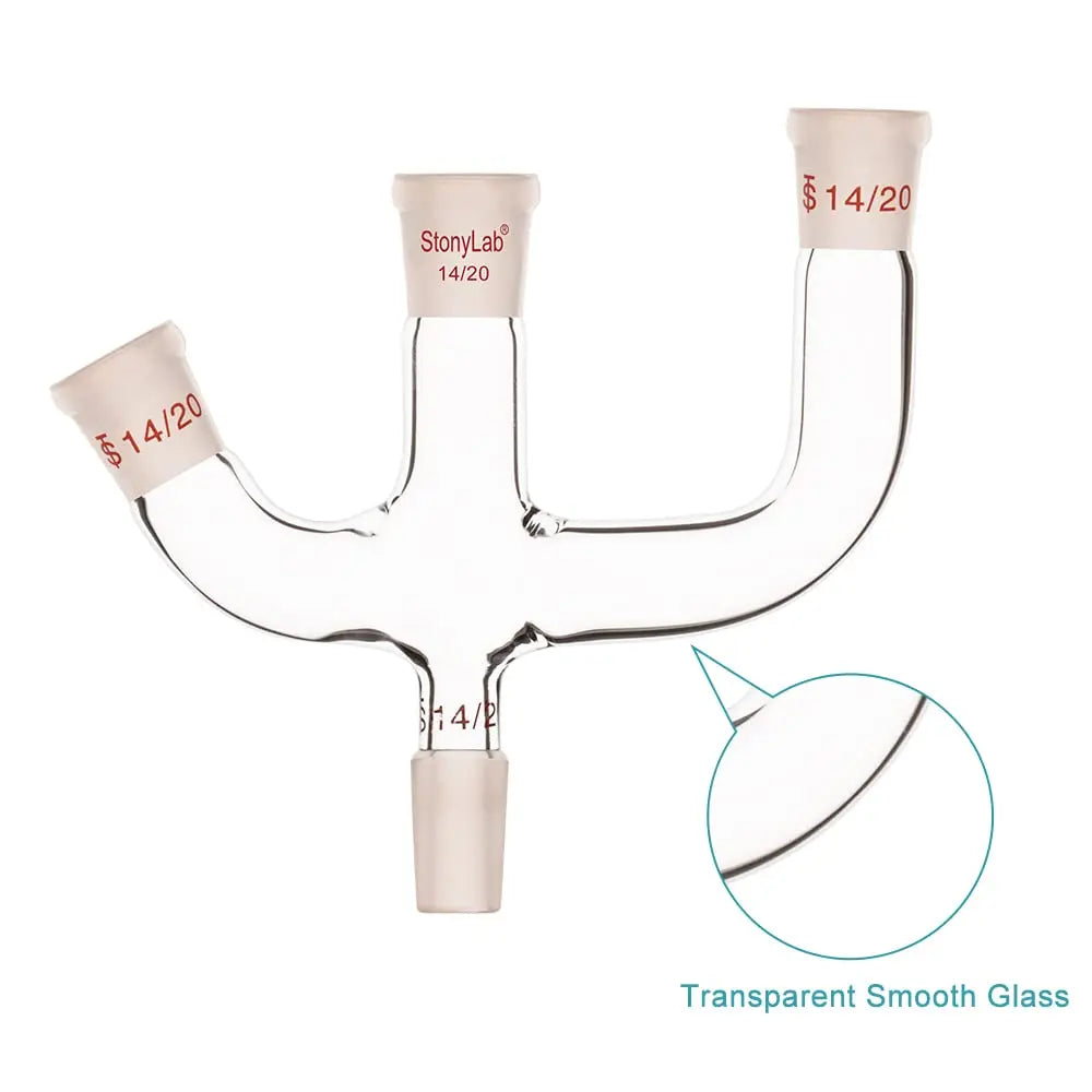 Side view and dimensional layout of the durable StonyLab 3-Inlet Claisen Distillation Adapter with 45 Degree Side Arm
