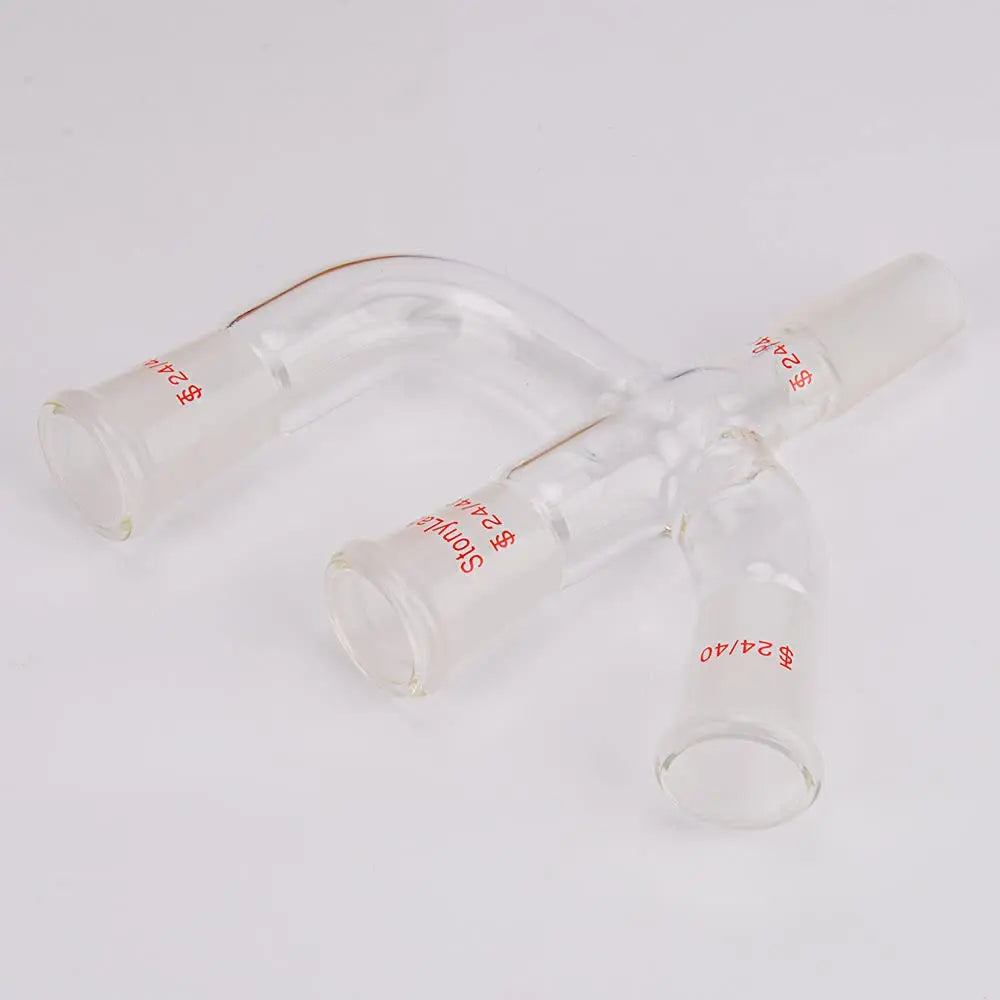Alternative angle showing underlying build quality of StonyLab 3-Inlet Claisen Distillation Adapter with 45 Degree Side Arm