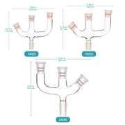 Close-up view showing the precise design and material of StonyLab 3-Inlet Claisen Distillation Adapter with 45 Degree Side Arm