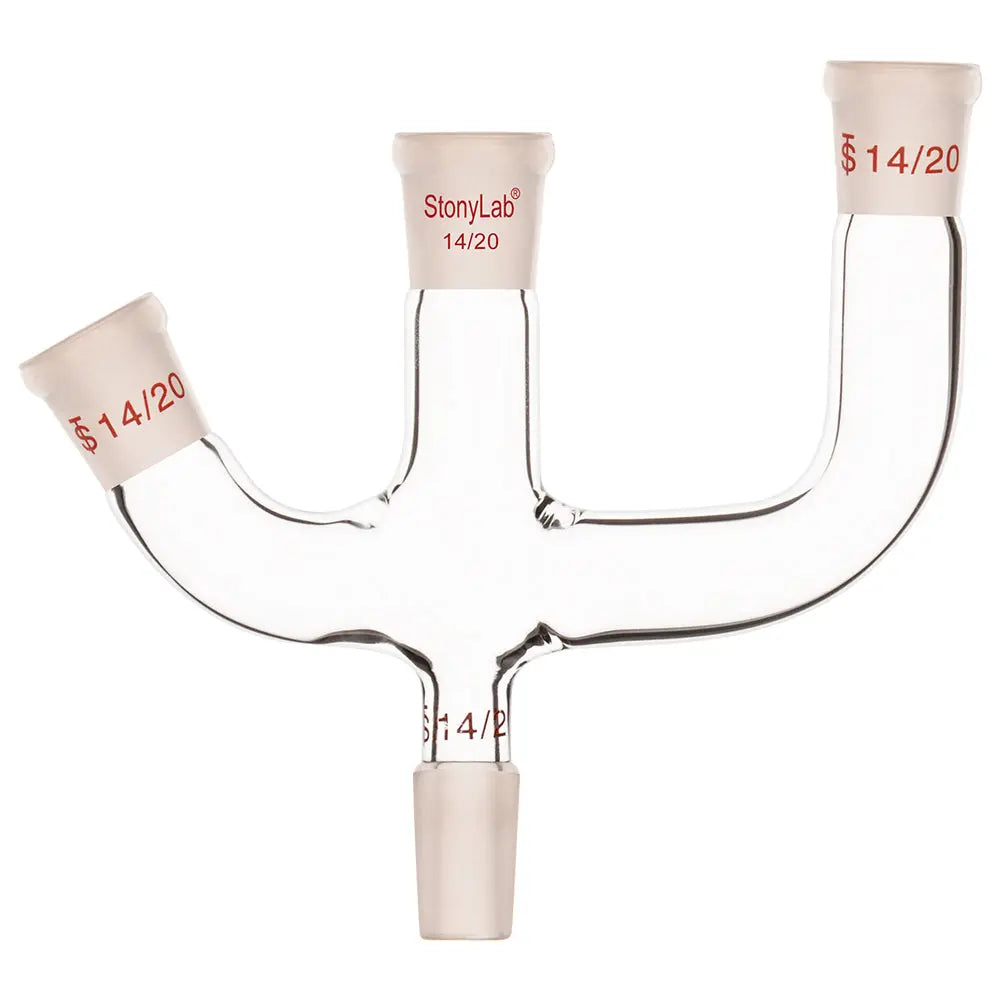 Comprehensive product view and setup components for StonyLab 3-Inlet Claisen Distillation Adapter with 45 Degree Side Arm