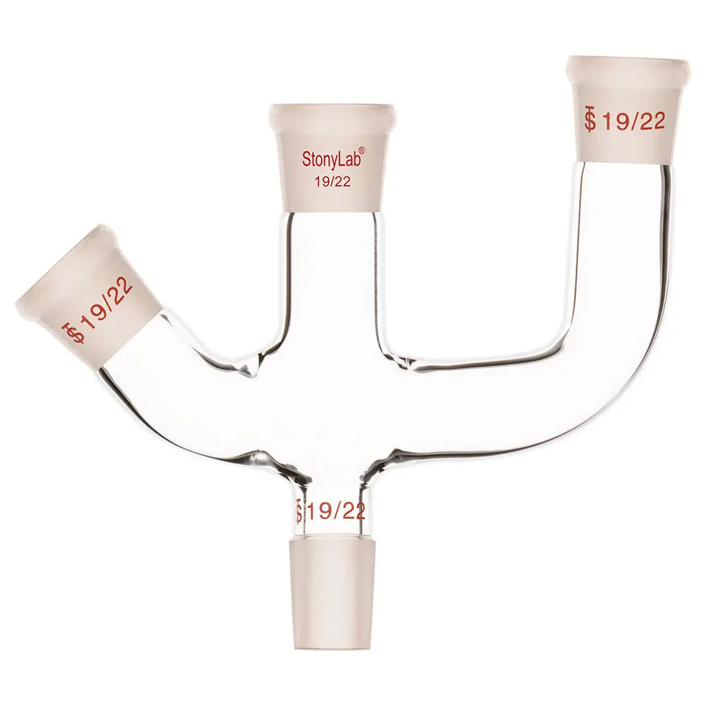 Comprehensive product view and setup components for StonyLab 3-Inlet Claisen Distillation Adapter with 45 Degree Side Arm