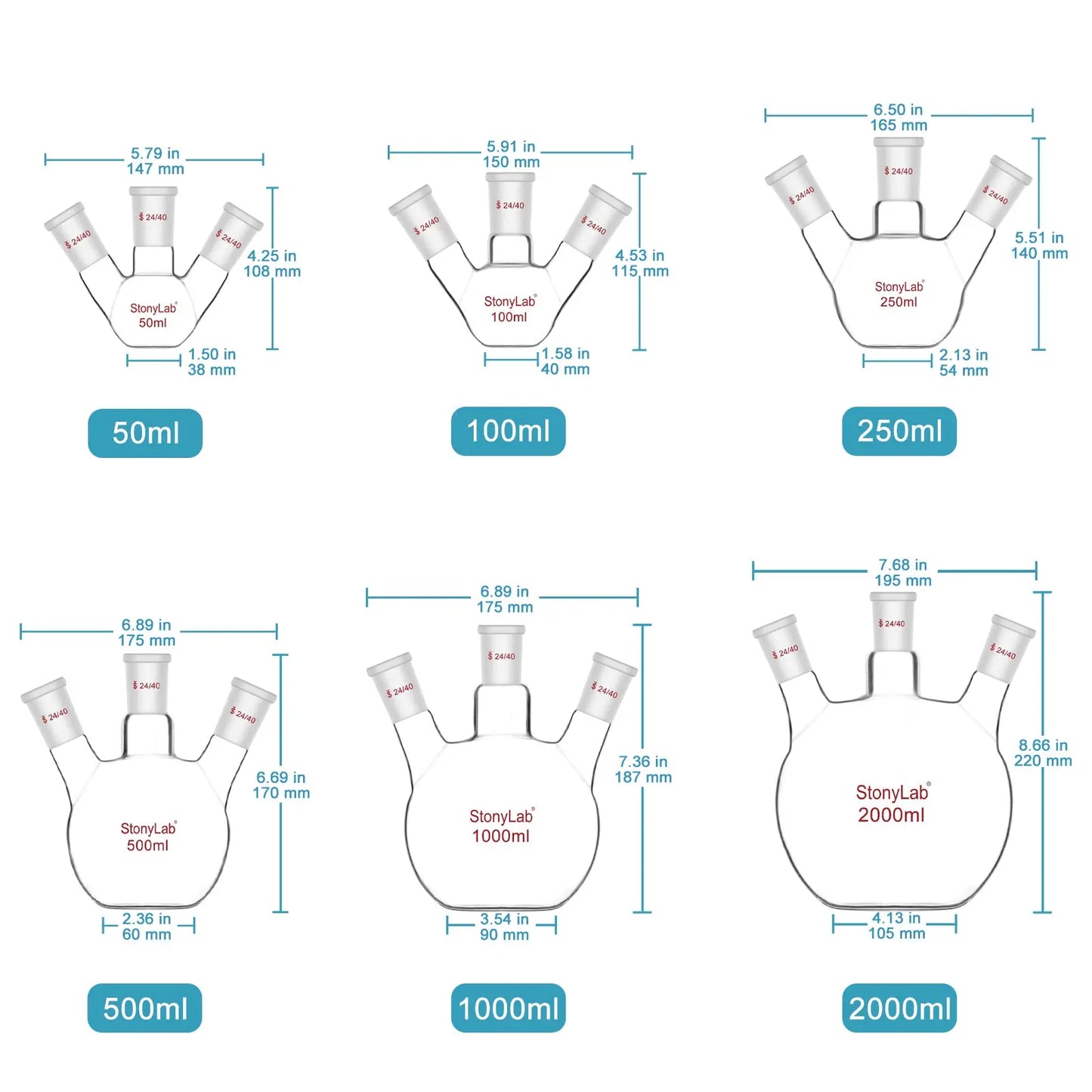 3 Neck Flat Bottom Flask, 24/40 Joint, 50-2000 ml Flasks-Flat Bottom