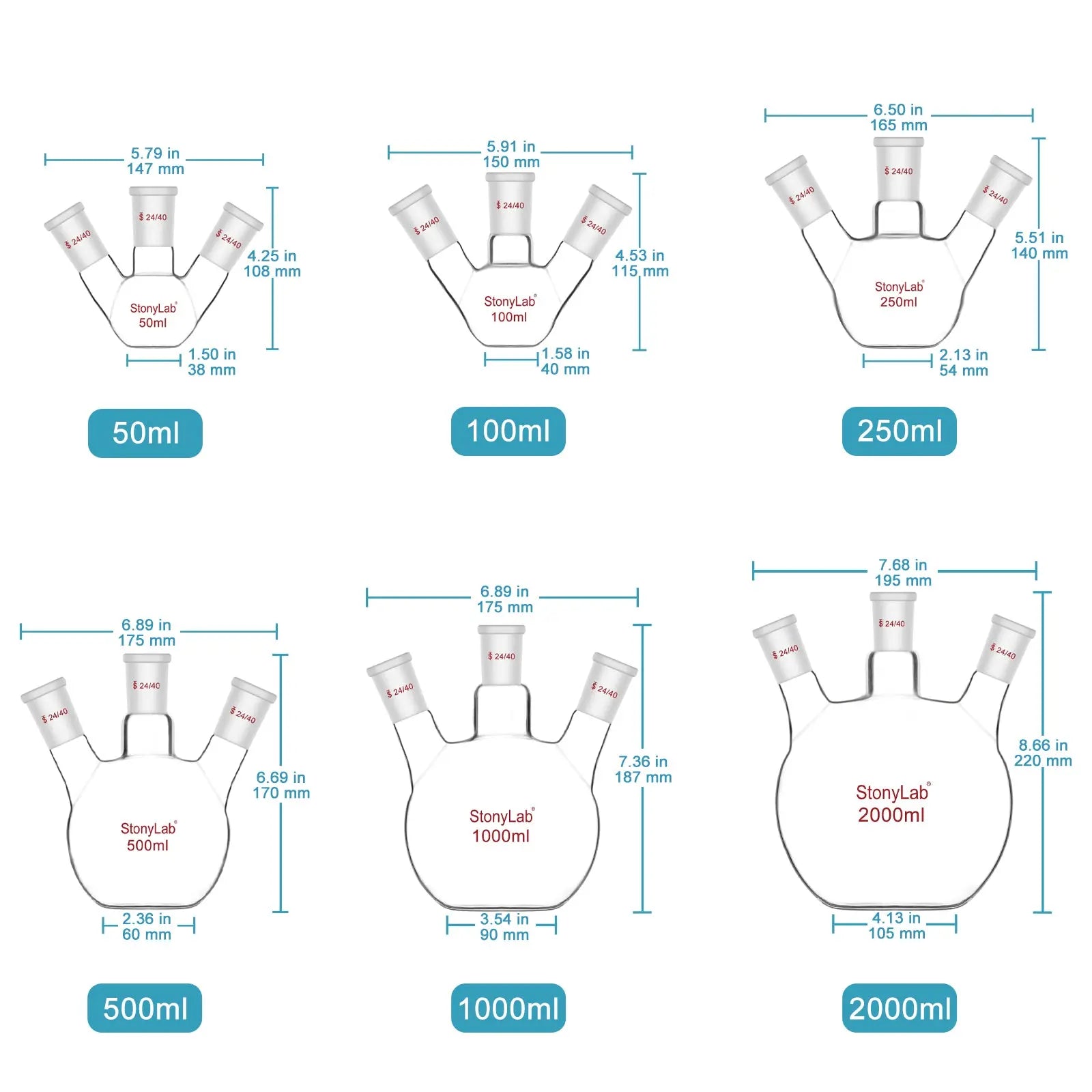 3 Neck Flat Bottom Flask, 24/40 Joint, 50-2000 ml Flasks-Flat Bottom