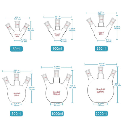 3 Neck Flat Bottom Flask, 24/40 Joint, 50-2000 ml Flasks-Flat Bottom