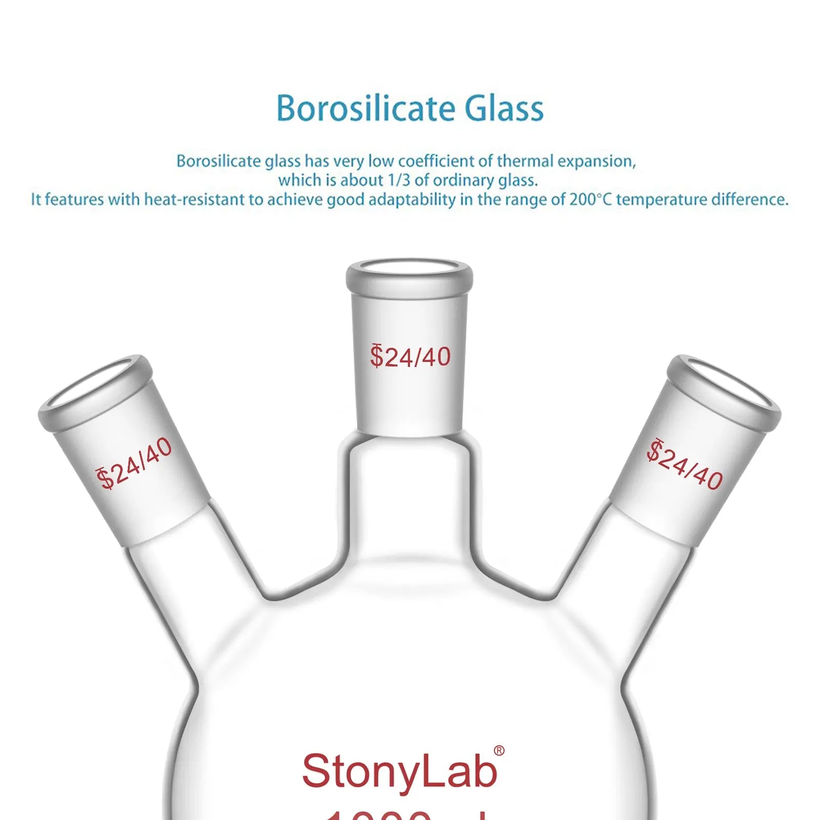Side view and dimensional layout of the durable StonyLab 3-Neck Flat Bottom Flask