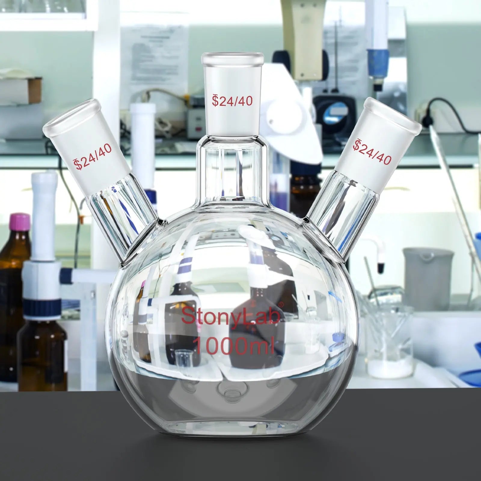 Alternative angle showing underlying build quality of StonyLab 3-Neck Flat Bottom Flask