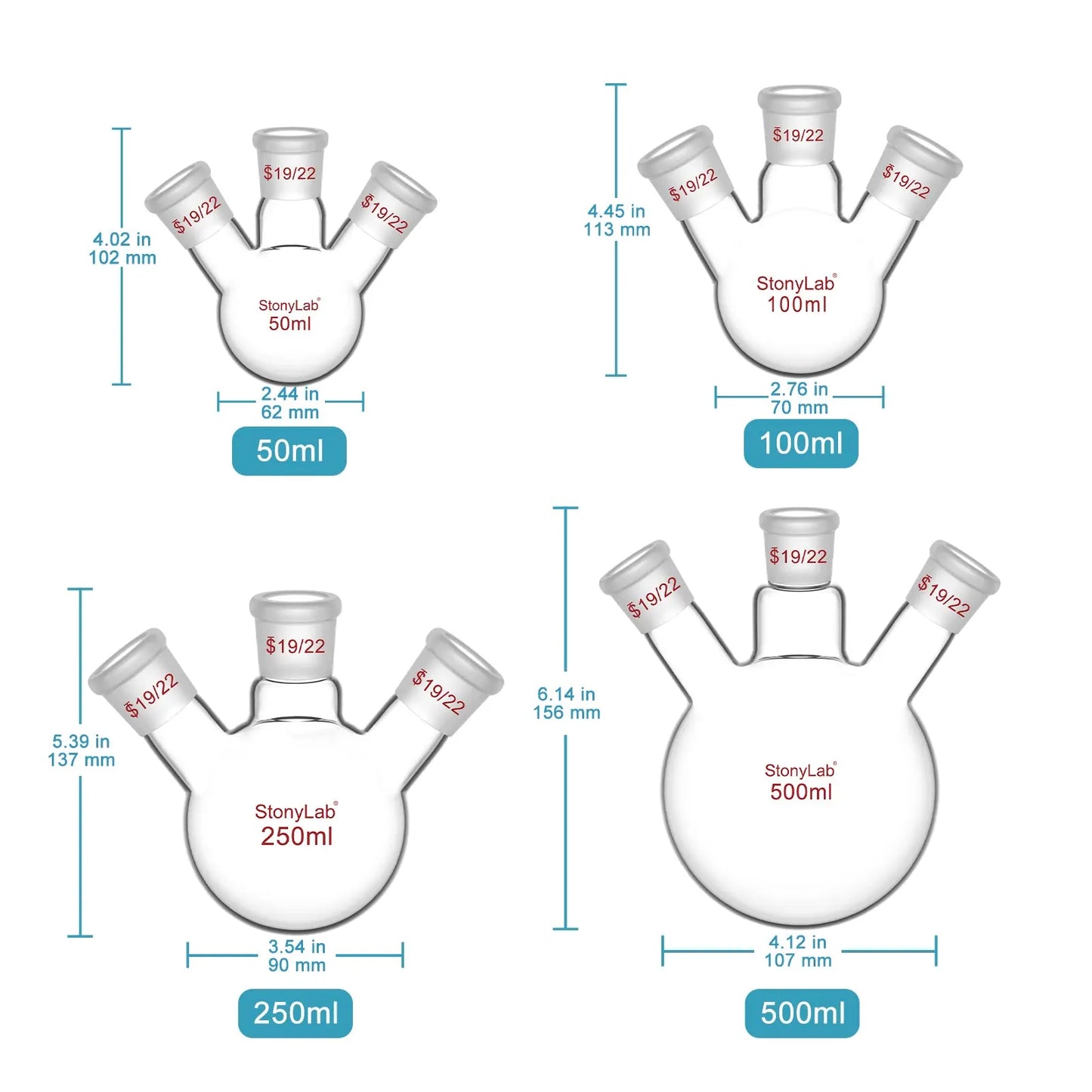 3 Neck Round Bottom Flask, 19/22 Joints, 50-5000 ml Flasks-Round Bottom-3 Neck