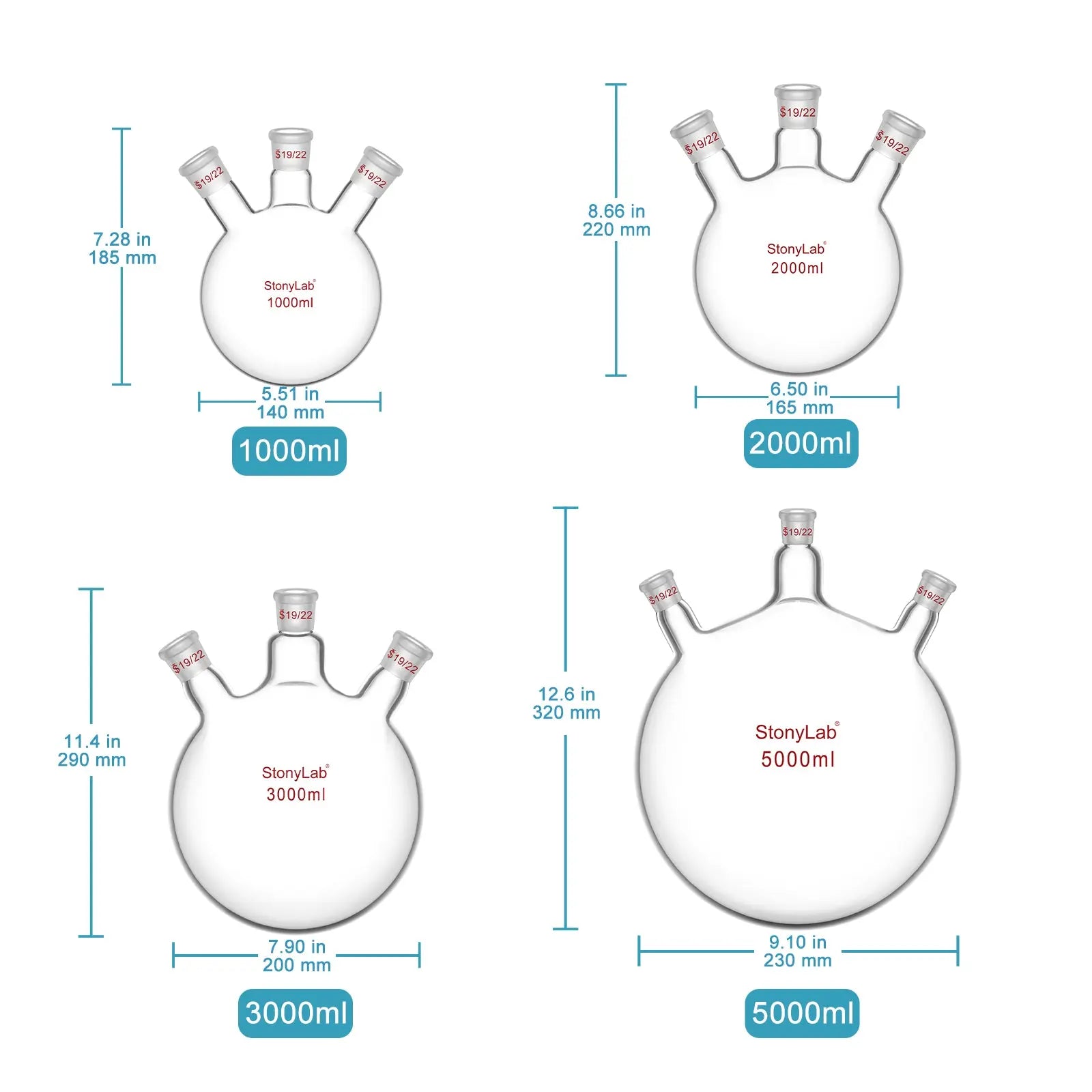 3 Neck Round Bottom Flask, 19/22 Joints, 50-5000 ml Flasks-Round Bottom-3 Neck