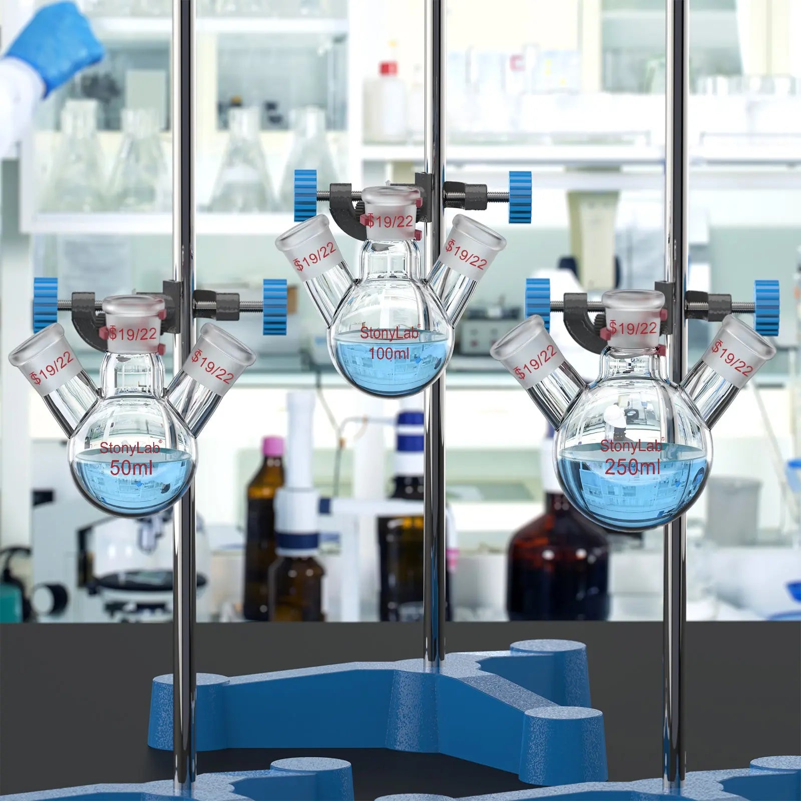 Comprehensive product view and setup components for StonyLab 3-Neck Round Bottom Flask