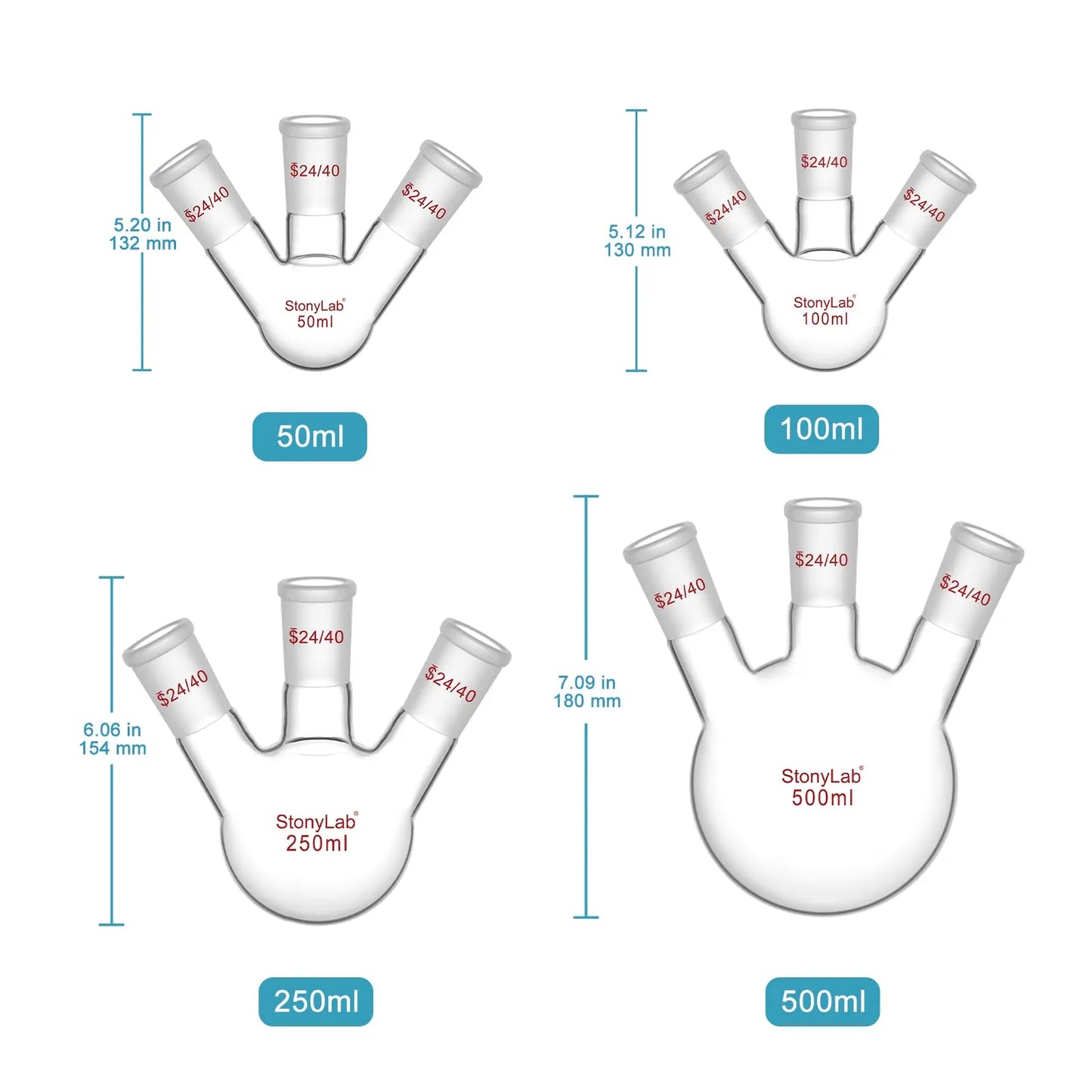 3 Neck Round Bottom Flask, 24/40 Joints, 50-5000 ml Flasks-Round Bottom-3 Neck