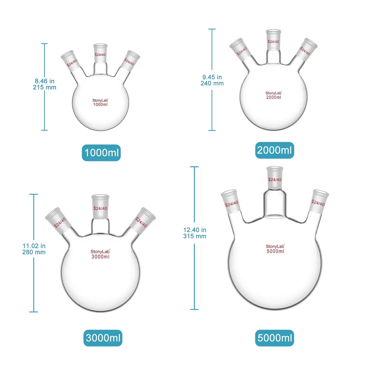 3 Neck Round Bottom Flask, 24/40 Joints, 50-5000 ml Flasks-Round Bottom-3 Neck