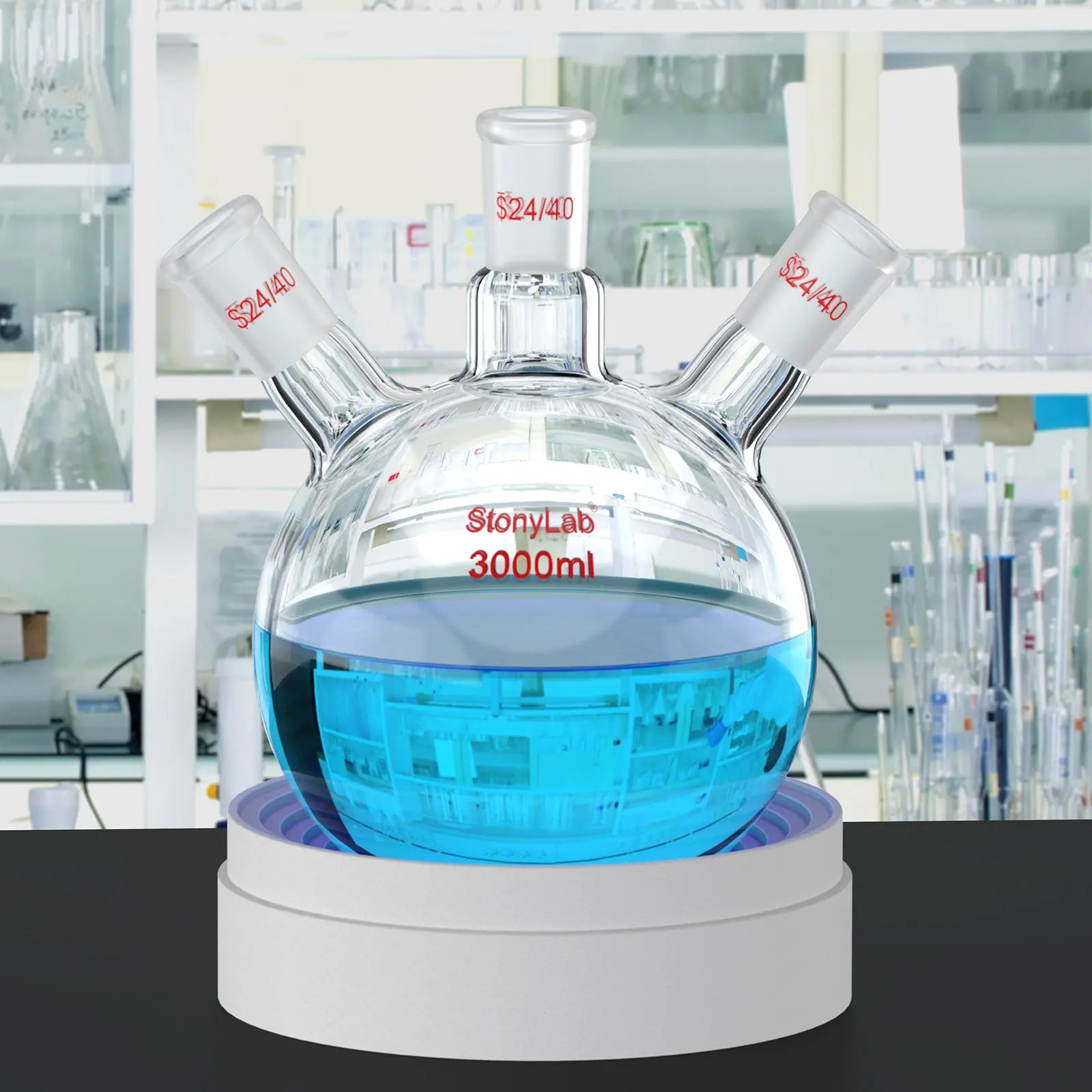 Alternative angle showing underlying build quality of StonyLab 3-Neck Round Bottom Flask