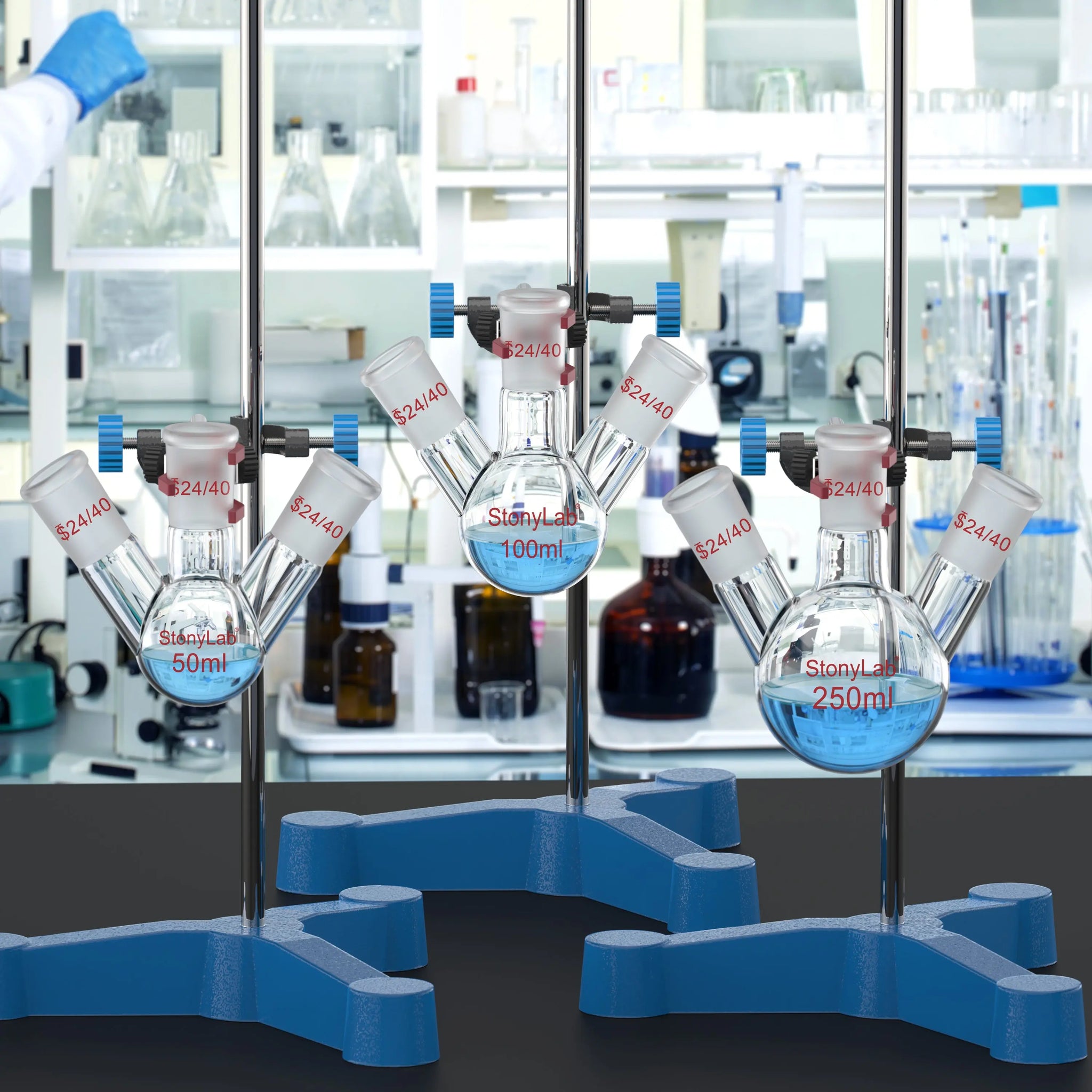 Comprehensive product view and setup components for StonyLab 3-Neck Round Bottom Flask
