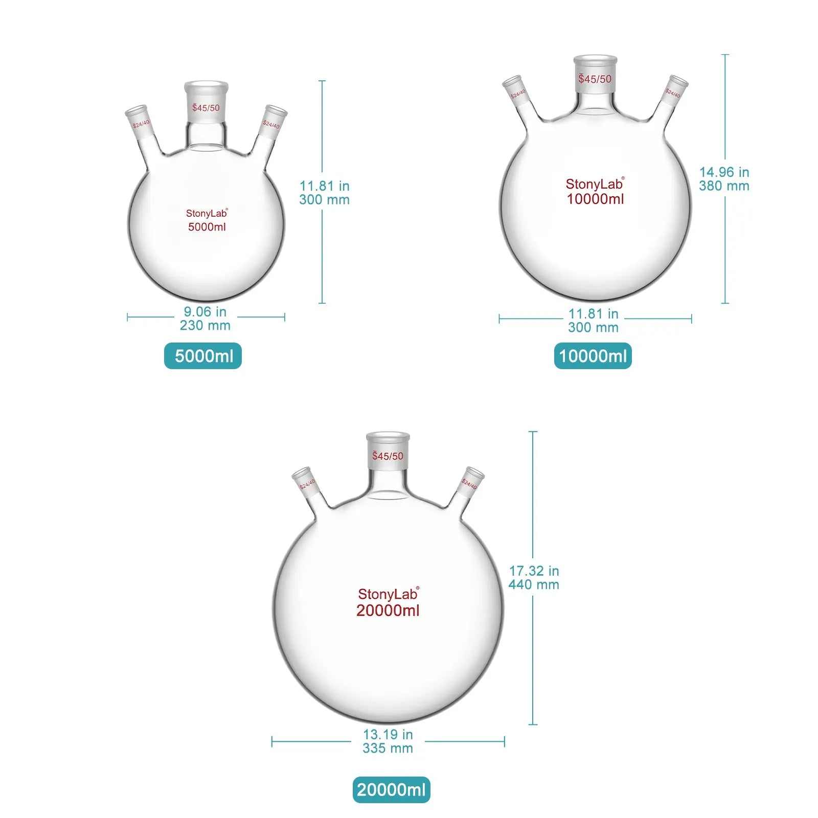 3-Neck Round Bottom Flask, 45/50 Center and two 24/40 Side Joints, 5-20 L Flasks-Round Bottom-3 Neck