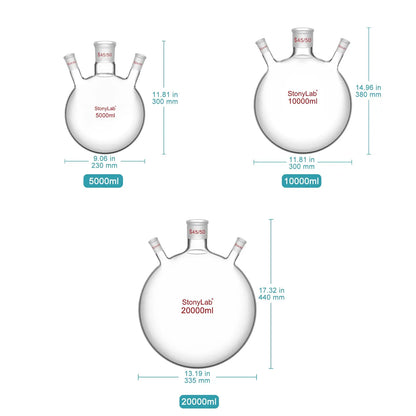 3-Neck Round Bottom Flask, 45/50 Center and two 24/40 Side Joints, 5-20 L Flasks-Round Bottom-3 Neck