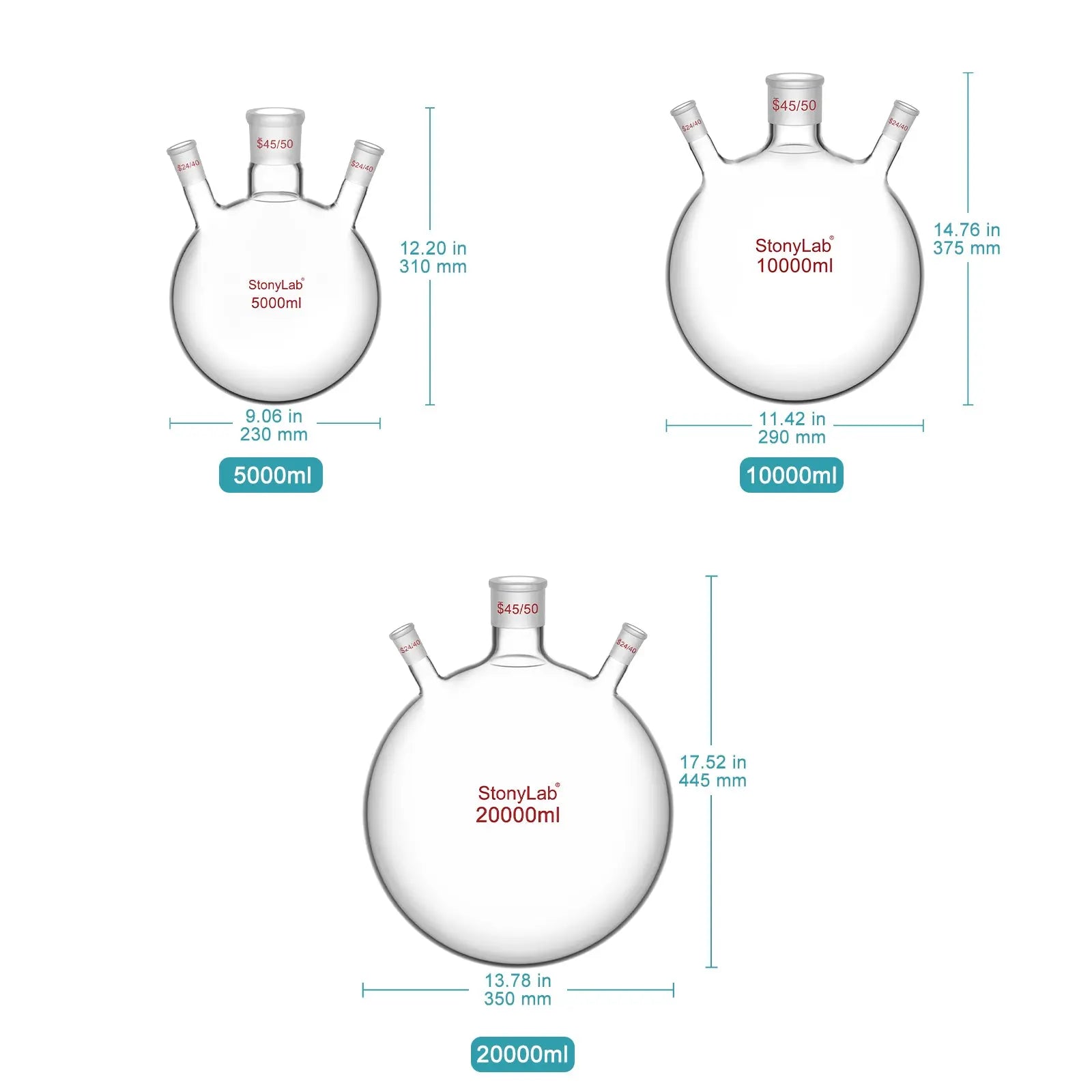Close-up view showing the precise design and material of StonyLab 3-Neck Round Bottom Flask