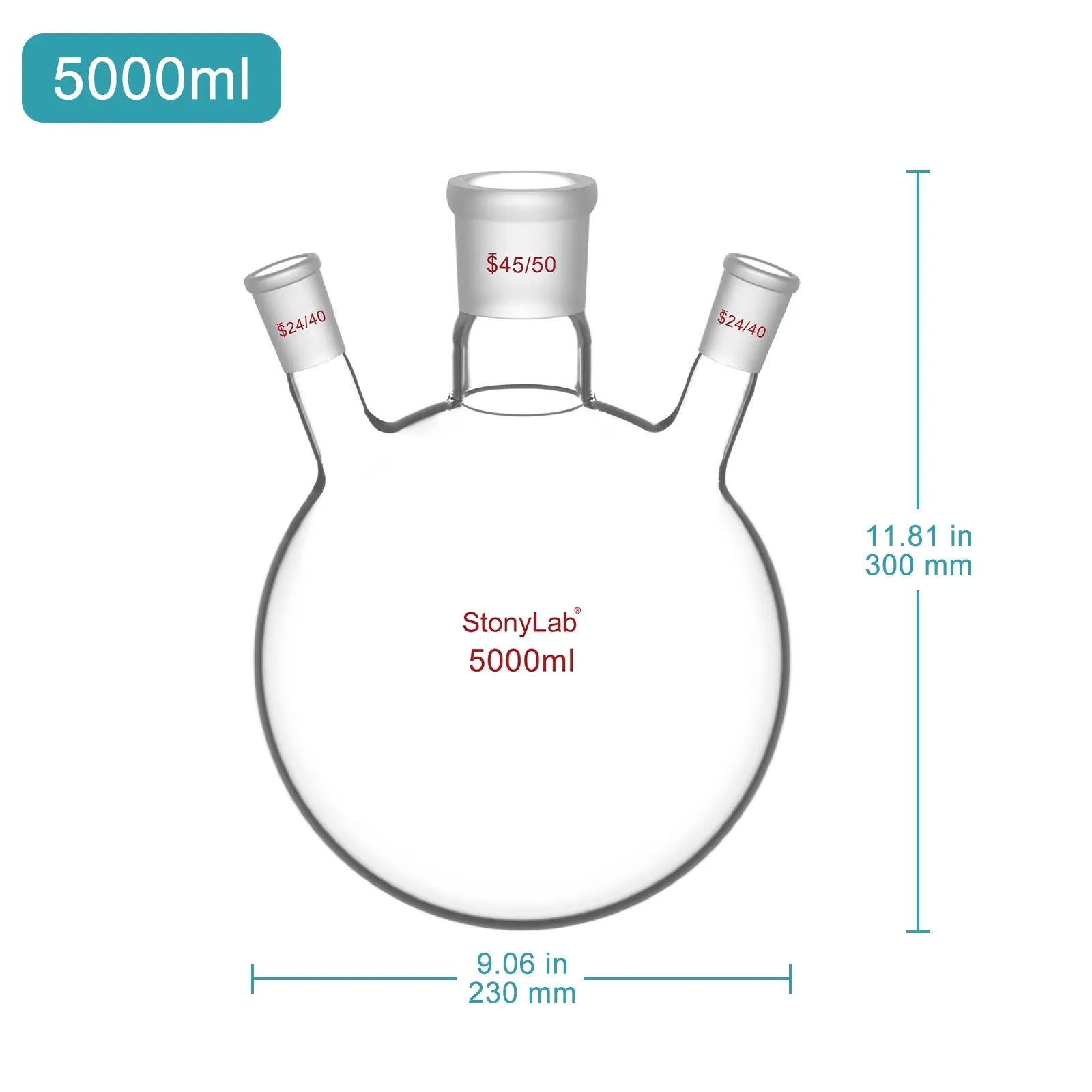 3-Neck Round Bottom Flask, 45/50 Center and two 24/40 Side Joints, 5L Flasks-Round Bottom