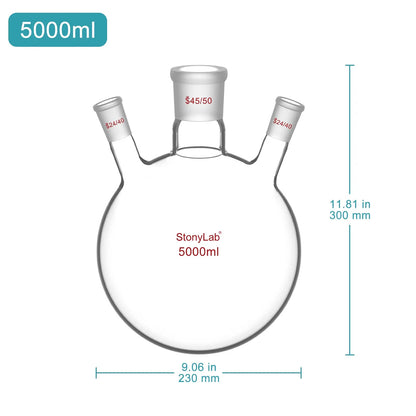 3-Neck Round Bottom Flask, 45/50 Center and two 24/40 Side Joints, 5L Flasks-Round Bottom