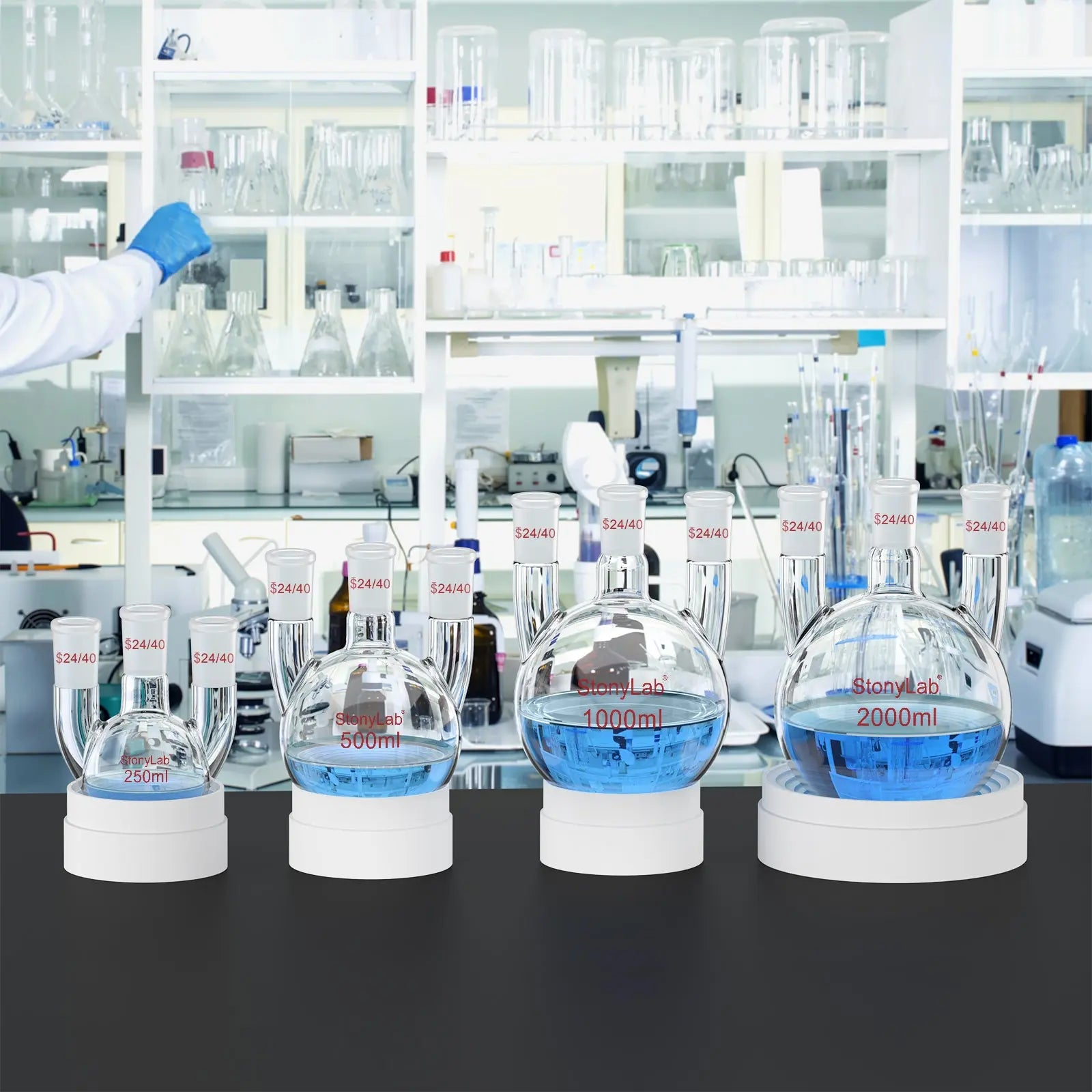 Comprehensive product view and setup components for StonyLab 3-Neck Straight Round-Bottom Flask
